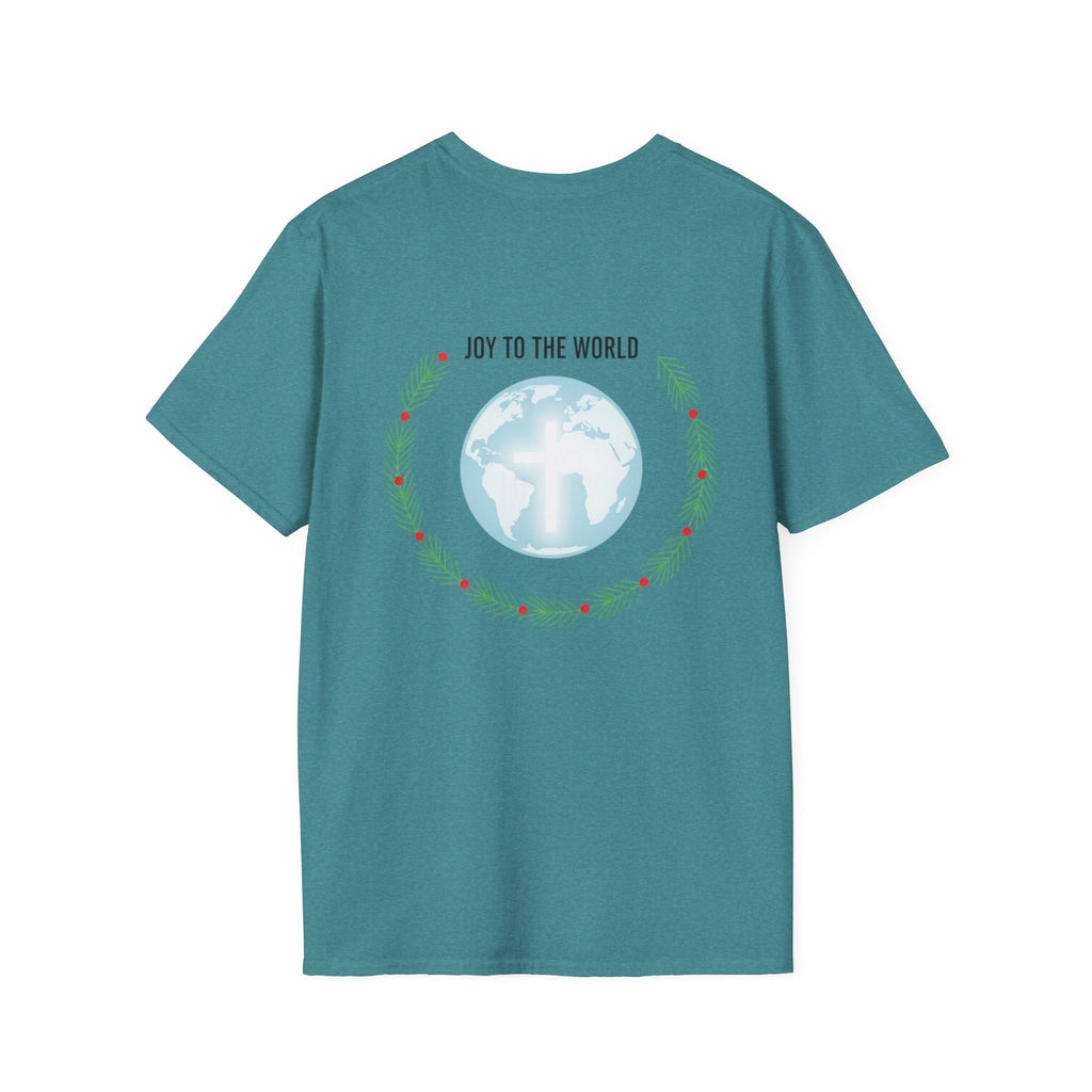 Joy to the World T-shirt – Wreath Earth Nativity Christian Christmas T-shirt for Isaiah 9:6 Holiday Faith & Festive Joy Printify