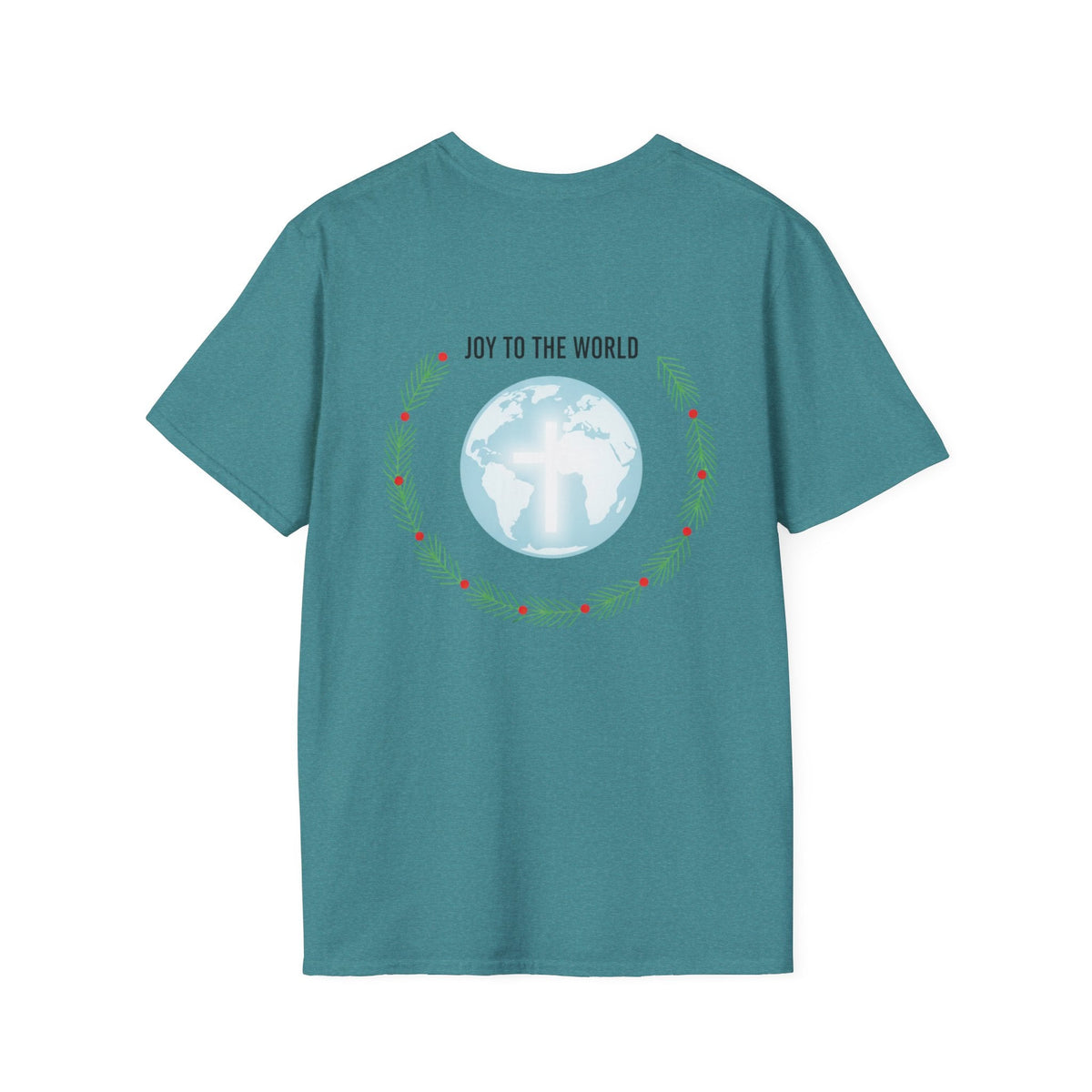 Joy to the World T-shirt – Wreath Earth Nativity Christian Christmas T-shirt for Isaiah 9:6 Holiday Faith & Festive Joy Printify