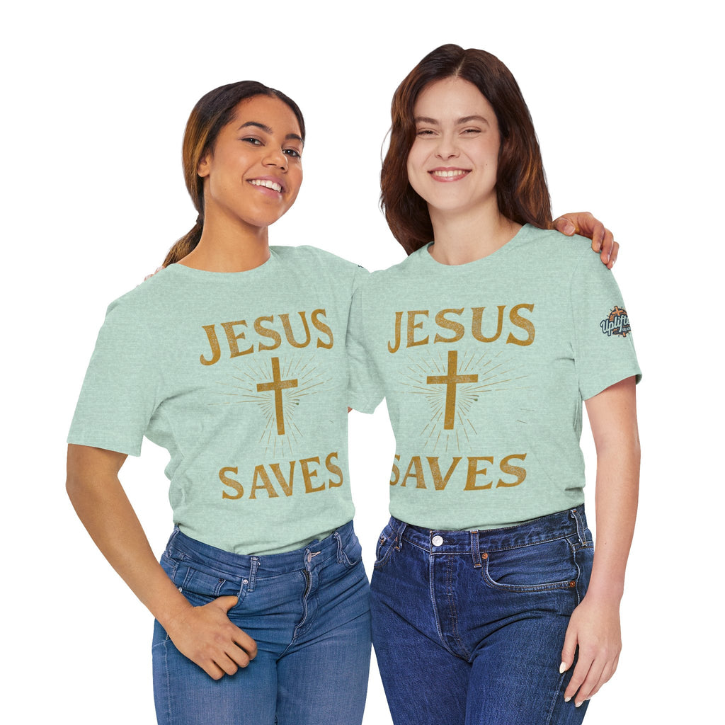 Jesus Saves T-shirt – Radiant Cross & Rays of Light Christian T-shirt for Eternal Hope & Faith Printify