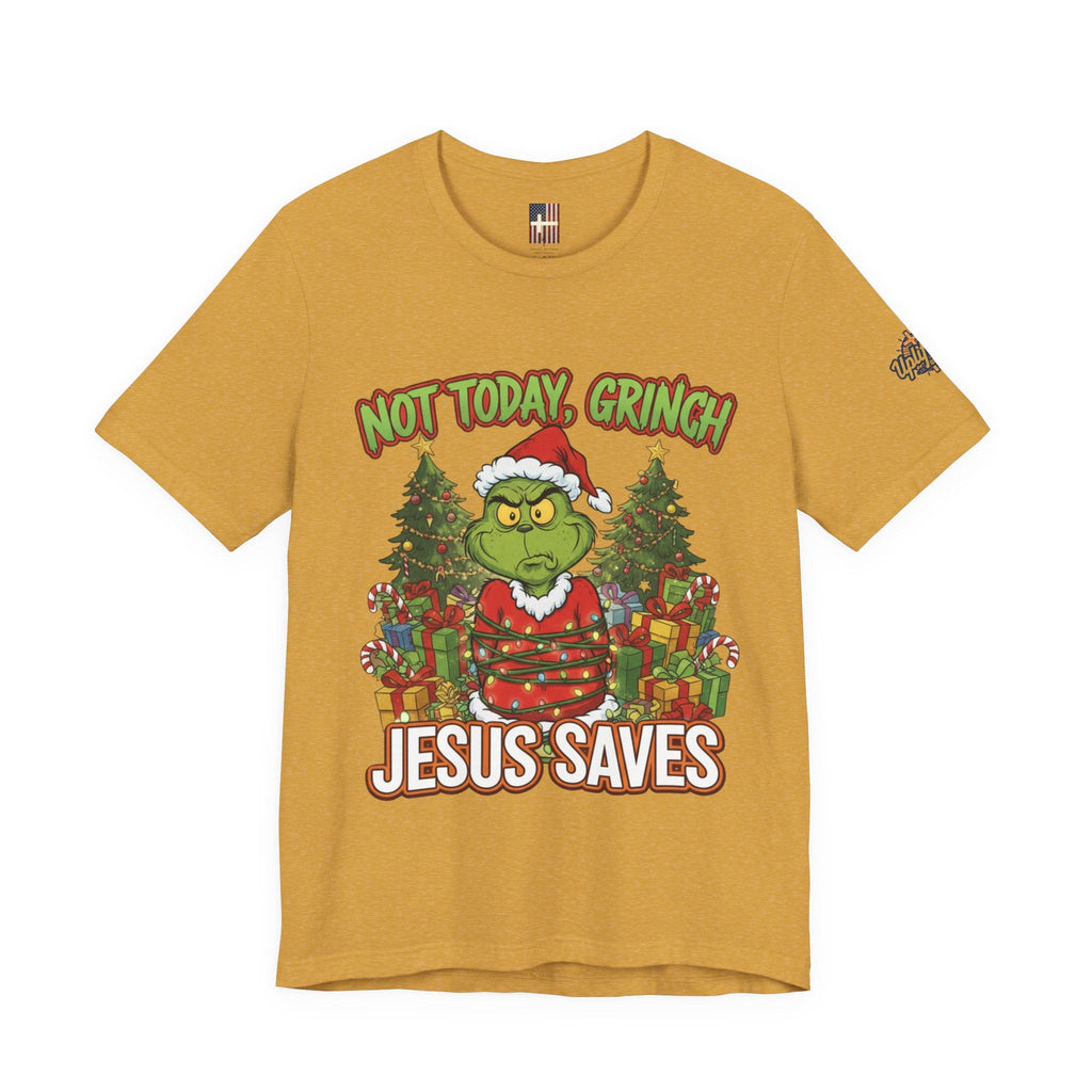 🎄 Not Today, Grinch – Jesus Saves | Funny Christian Christmas T-Shirt | Sulking Grinch & Glowing Cross | Bold Neon Faith Tee by Uplifted Gear Printify