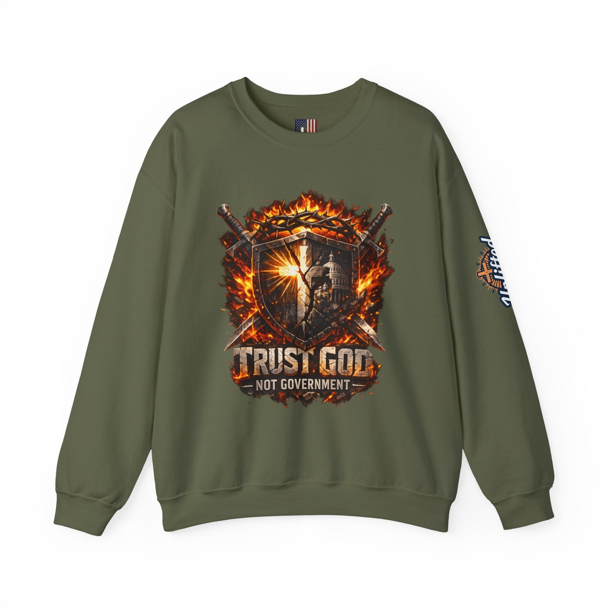 Trust God Not Government Shield Sweatshirt — Patriotic Christian Faith Sweatshirt Printify