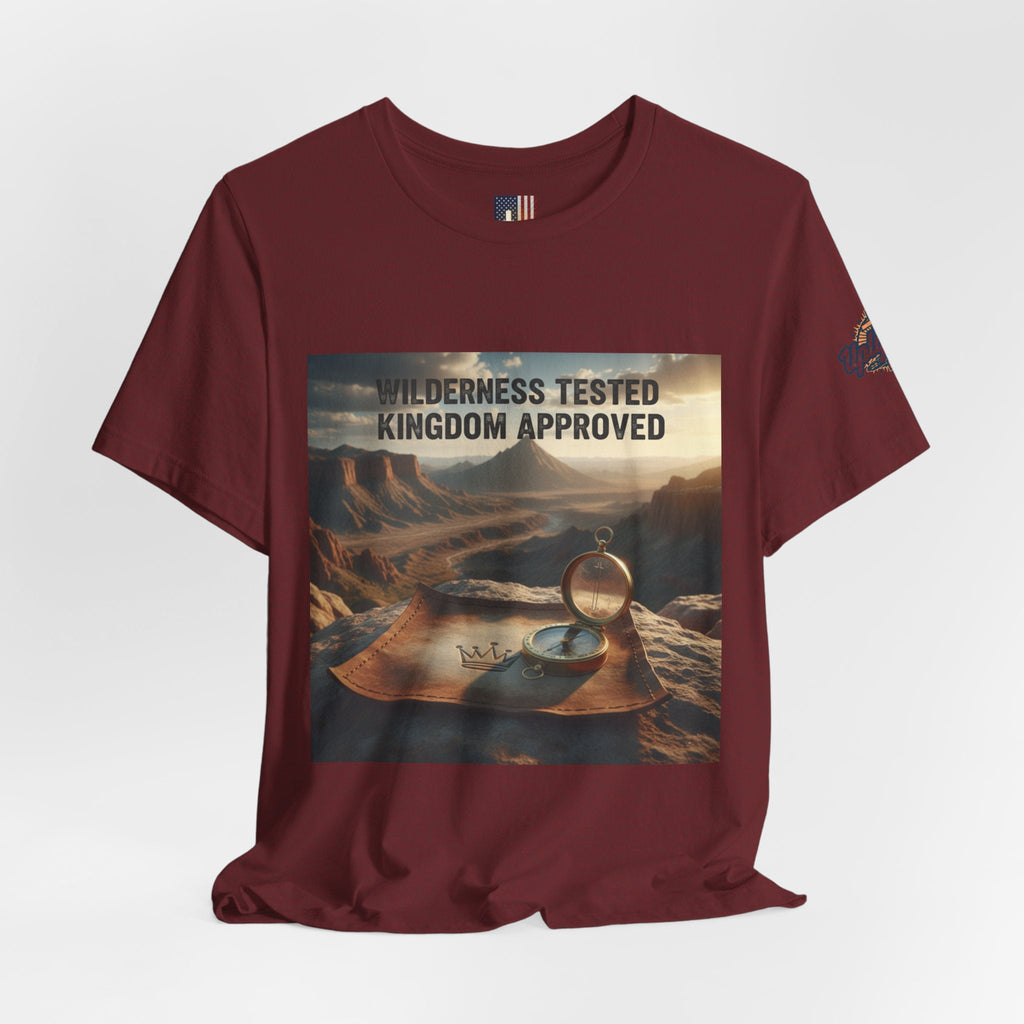 Wilderness Tested Kingdom Approved T-shirt – Mountain Desert Compass Crown Christian T-shirt for Biblical Adventure Faith Printify