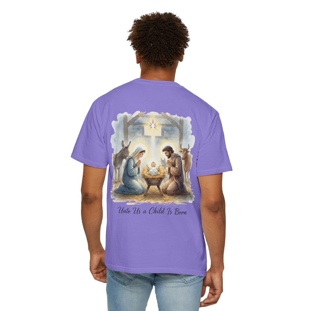 Unto Us a Child is Born T-shirt – Isaiah 9:6 Nativity Manger Scene Christian Christmas T-shirt for Holy Night Faith Printify