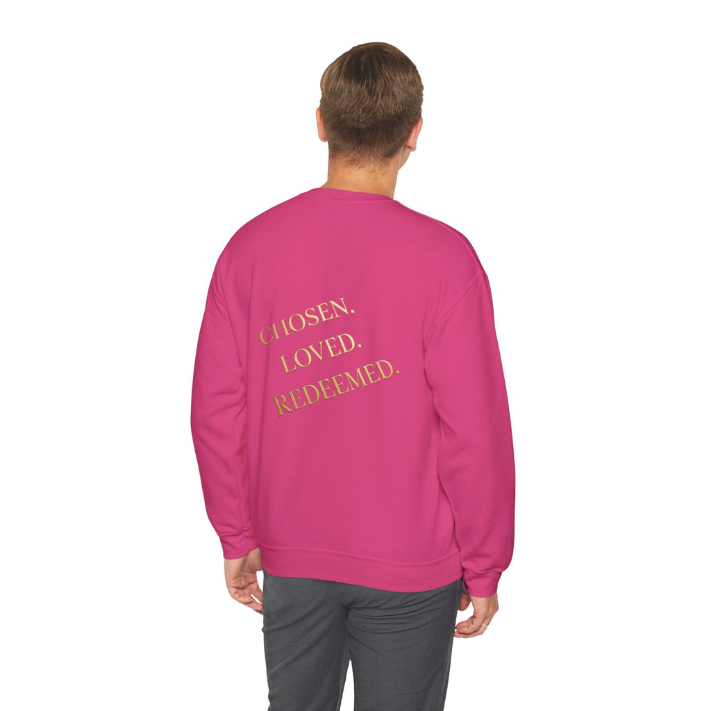 ✨ Chosen. Loved. Redeemed. – Elegant Christian Sweatshirt | Gold Foil Faith Tee | Subtle Cross & Heart Design | Inspirational Bible Verse Apparel by Uplifted Gear Printify