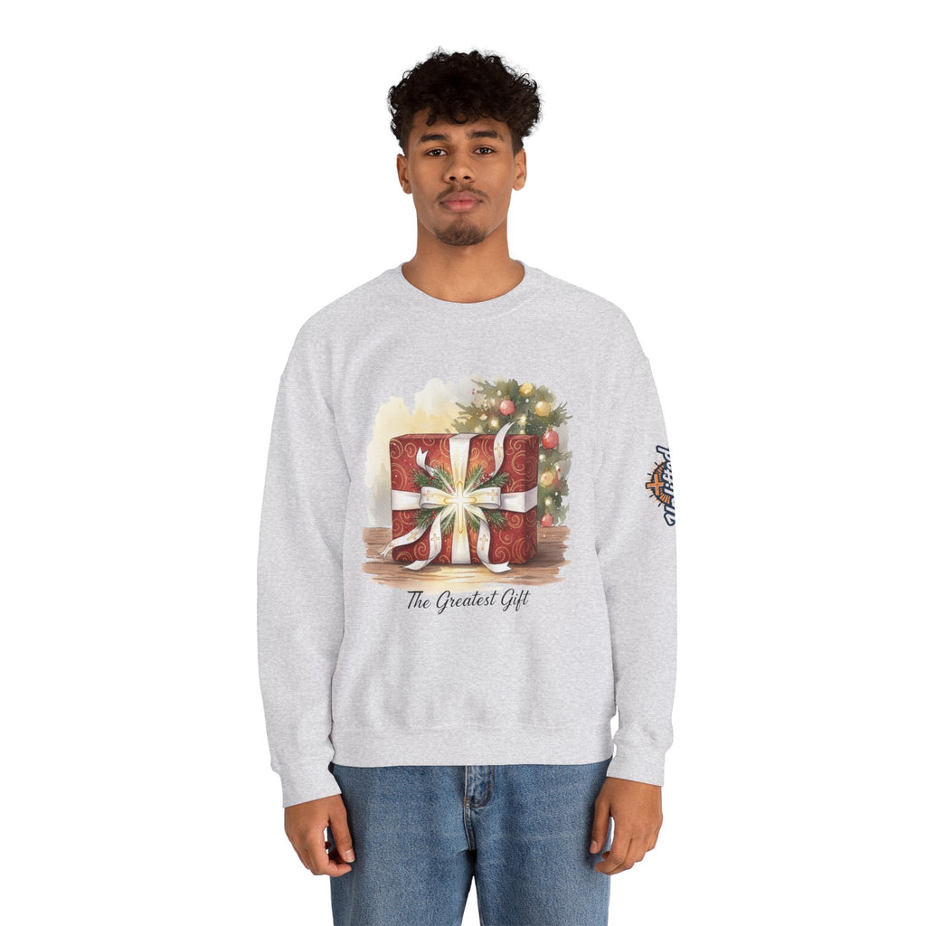 The Greatest Gift Sweatshirt – Cross Bow Present Christian Sweatshirt for Christmas Salvation & Eternal Faith Printify