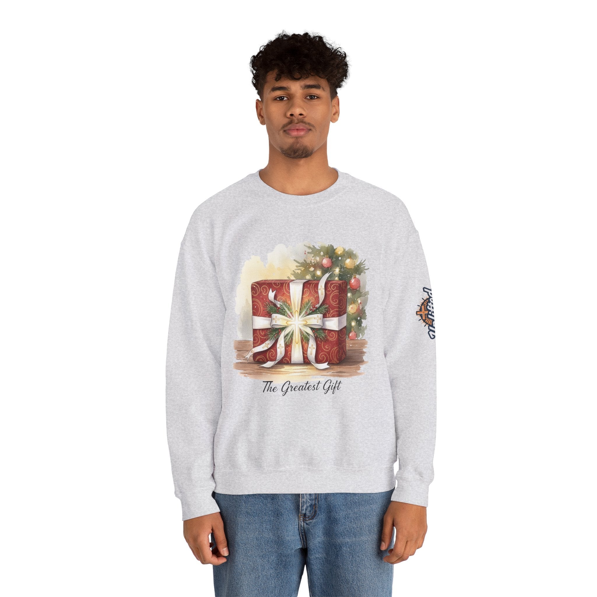 The Greatest Gift Sweatshirt – Cross Bow Present Christian Sweatshirt for Christmas Salvation & Eternal Faith Printify