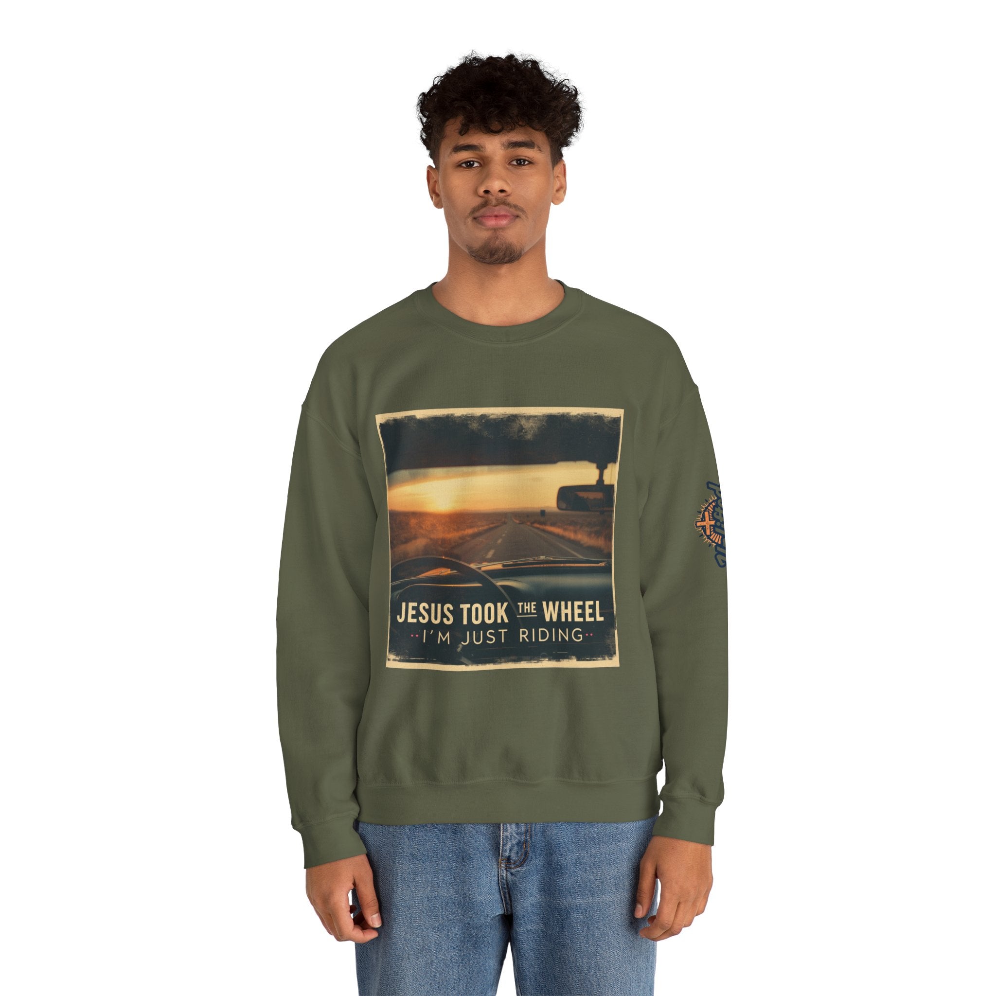 Jesus Took the Wheel I'm Just Riding Sweatshirt – Funny Christian Convertible Car Sweatshirt for Surrendered Faith & Humor