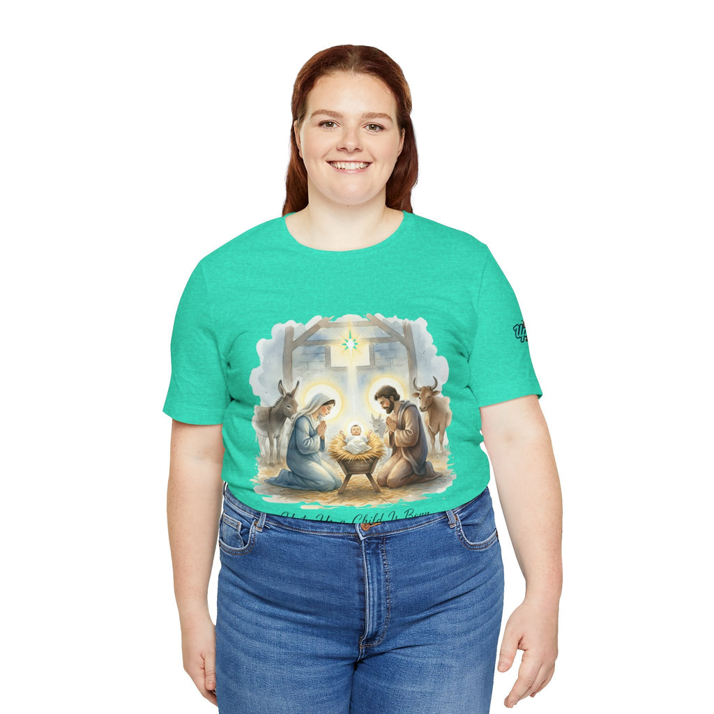Unto Us a Child is Born T-shirt – Isaiah 9:6 Nativity Manger Scene Christian Christmas T-shirt for Holy Night Faith Printify