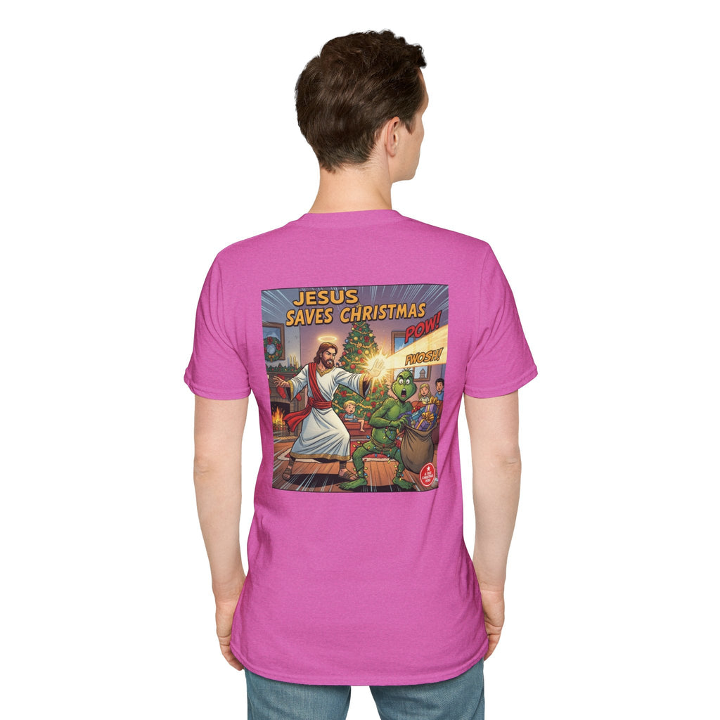 Jesus Saves Christmas T-shirt – Grinch vs Savior Light Battle Christian T-shirt for Hilarious Holiday Faith & True Joy Printify