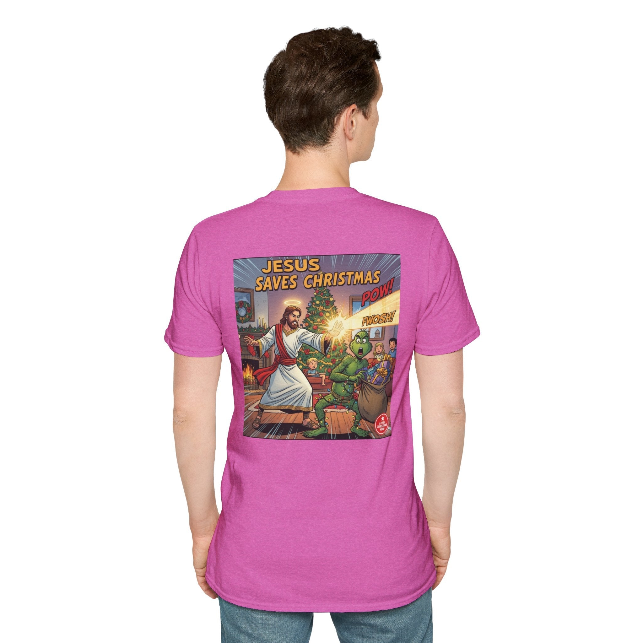 Jesus Saves Christmas T-shirt – Grinch vs Savior Light Battle Christian T-shirt for Hilarious Holiday Faith & True Joy Printify