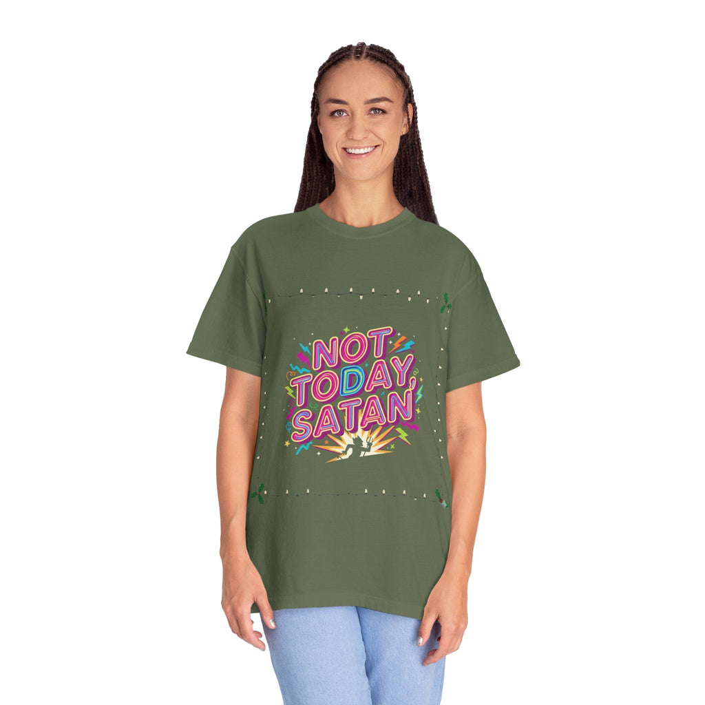 🔥 Not Today, Satan – Retro 90s Christian T-Shirt | Neon Faith Tee | Funky Cartoon Devil | Bold Bible Verse Shirt | Uplifted Gear Printify