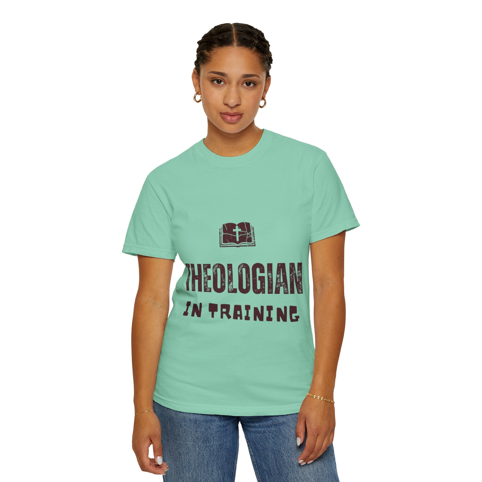 Theologian in Training T-Shirt – Open Bible & Cross Christian Tee for Faithful Learners Printify