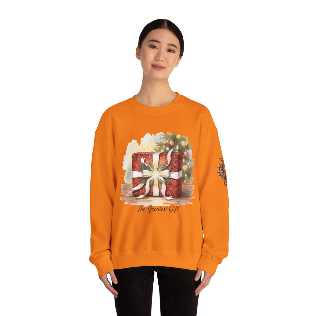 The Greatest Gift Sweatshirt – Cross Bow Present Christian Sweatshirt for Christmas Salvation & Eternal Faith Printify