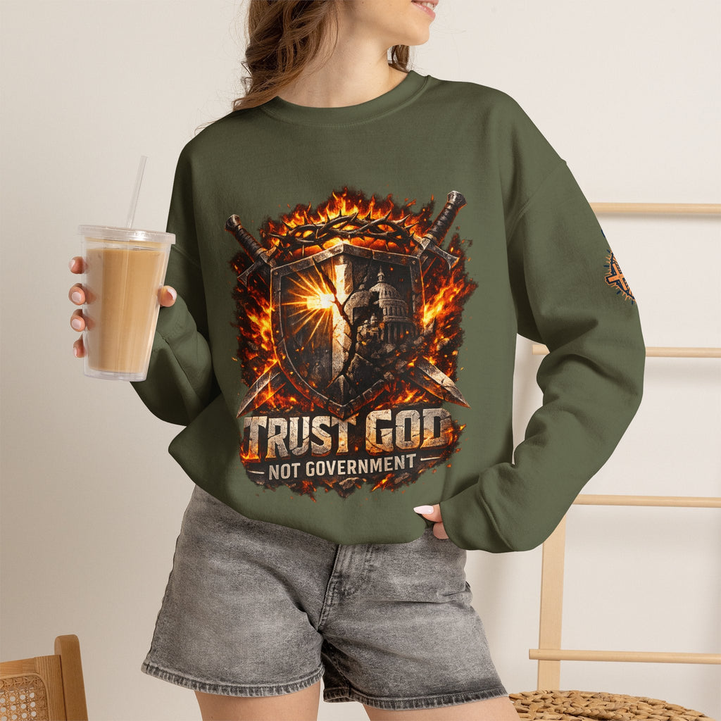 Trust God Not Government Shield Sweatshirt — Patriotic Christian Faith Sweatshirt Printify