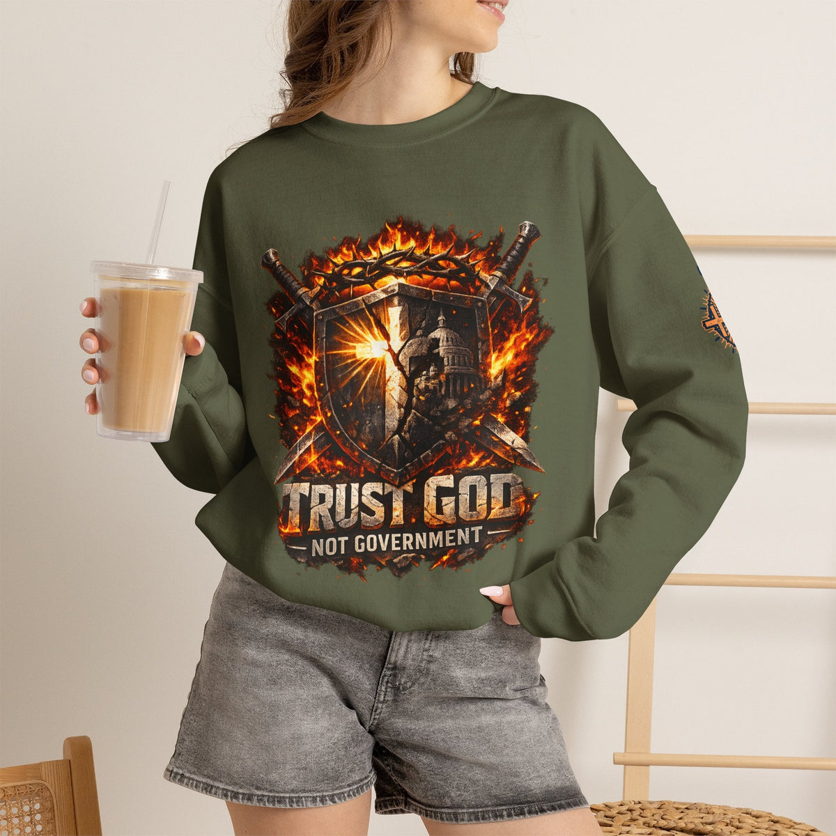 Trust God Not Government Shield Sweatshirt — Patriotic Christian Faith Sweatshirt Printify