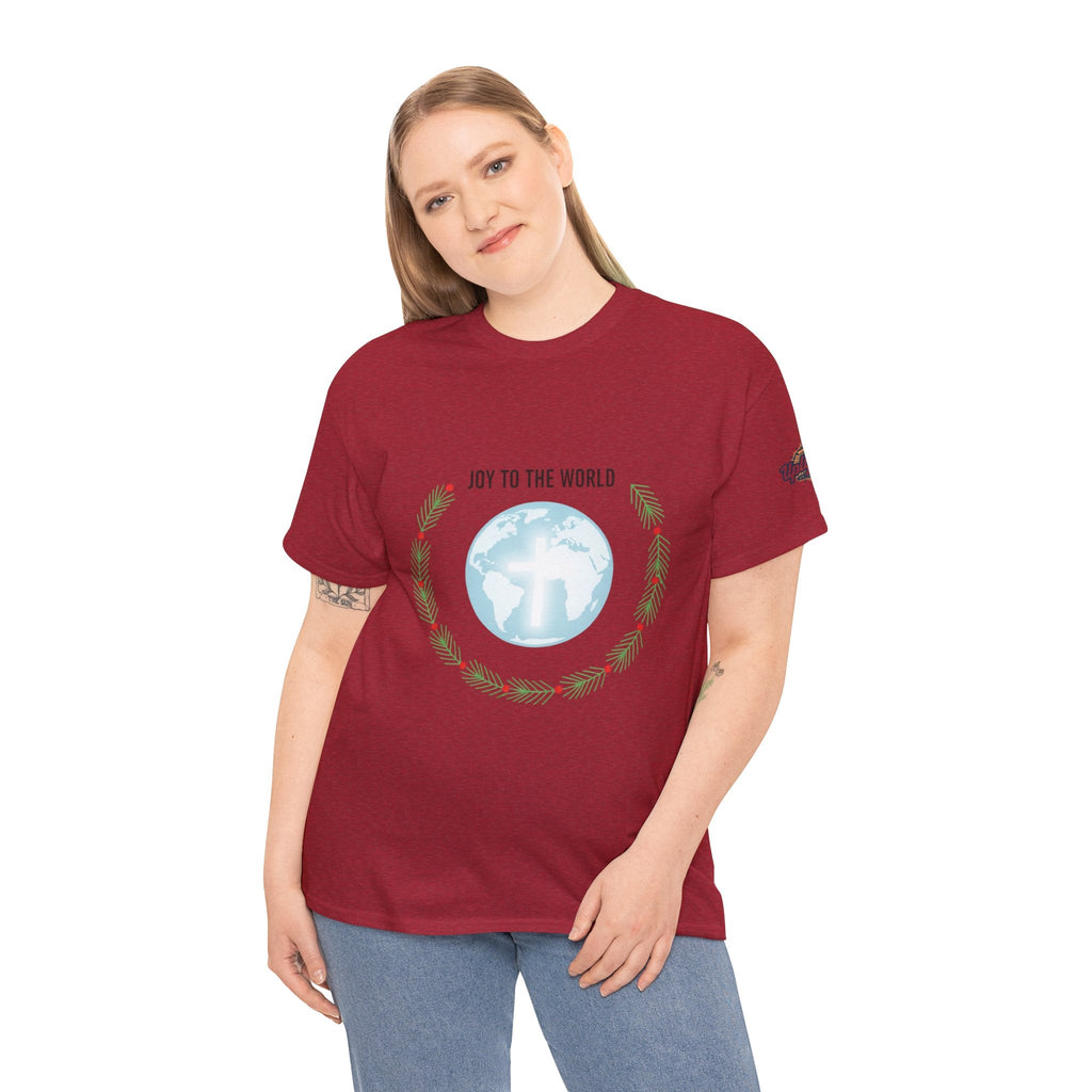 Joy to the World T-shirt – Wreath Earth Nativity Christian Christmas T-shirt for Isaiah 9:6 Holiday Faith & Festive Joy Printify