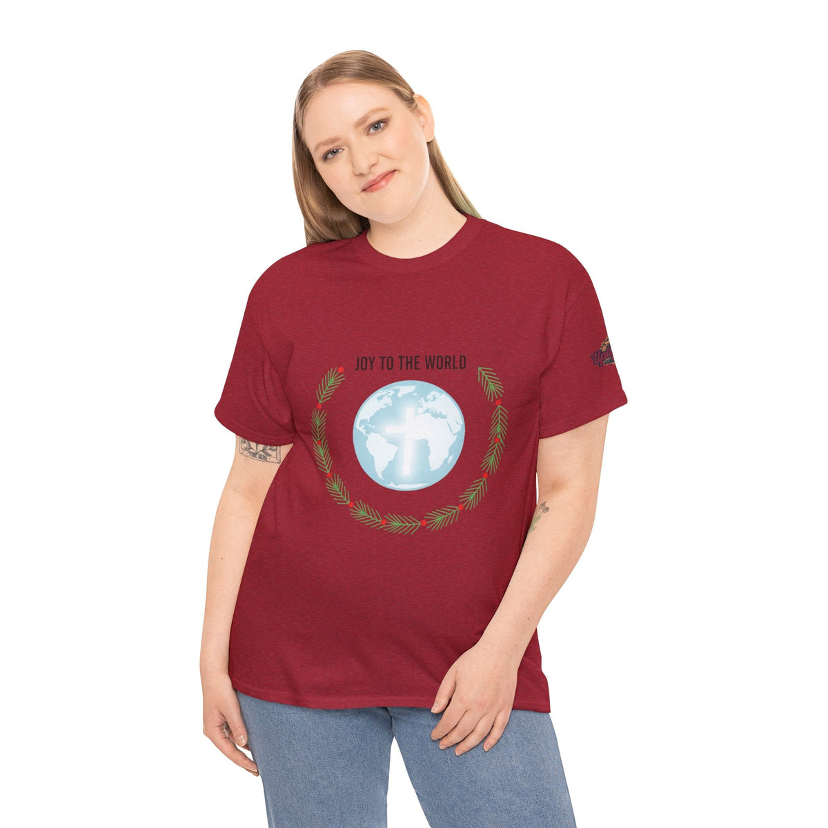 Joy to the World T-shirt – Wreath Earth Nativity Christian Christmas T-shirt for Isaiah 9:6 Holiday Faith & Festive Joy Printify