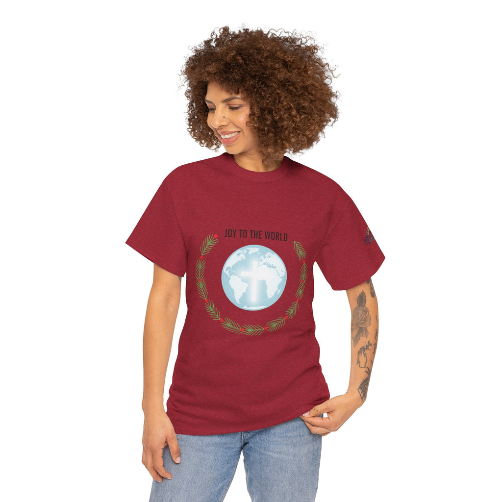 Joy to the World T-shirt – Wreath Earth Nativity Christian Christmas T-shirt for Isaiah 9:6 Holiday Faith & Festive Joy Printify