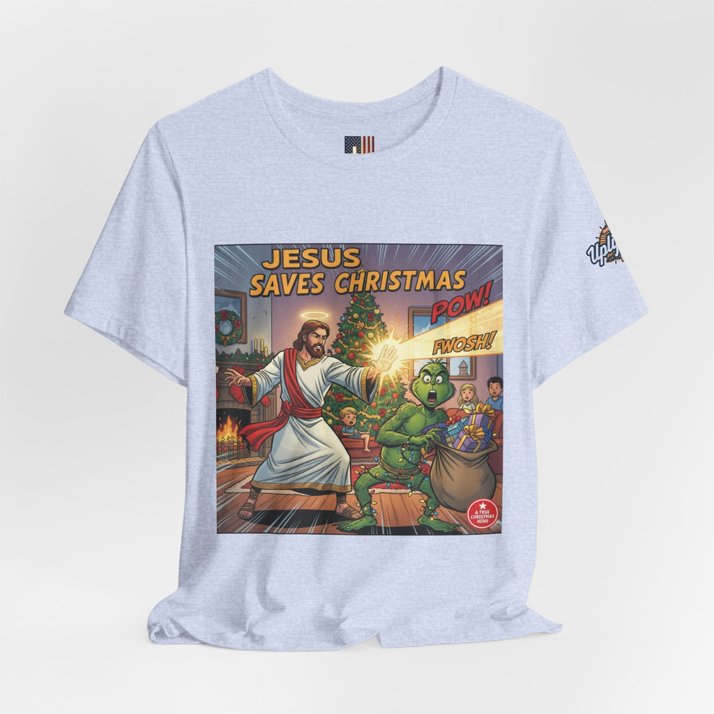 Jesus Saves Christmas T-shirt – Grinch vs Savior Light Battle Christian T-shirt for Hilarious Holiday Faith & True Joy Printify