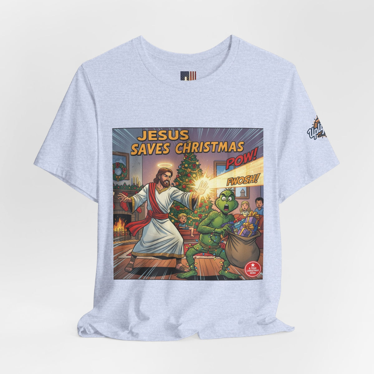 Jesus Saves Christmas T-shirt – Grinch vs Savior Light Battle Christian T-shirt for Hilarious Holiday Faith & True Joy Printify