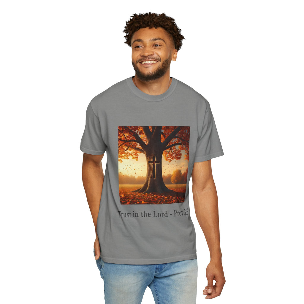Trust in the Lord T-Shirt – Autumn Tree Christian Tee with Proverbs 3:5 Printify