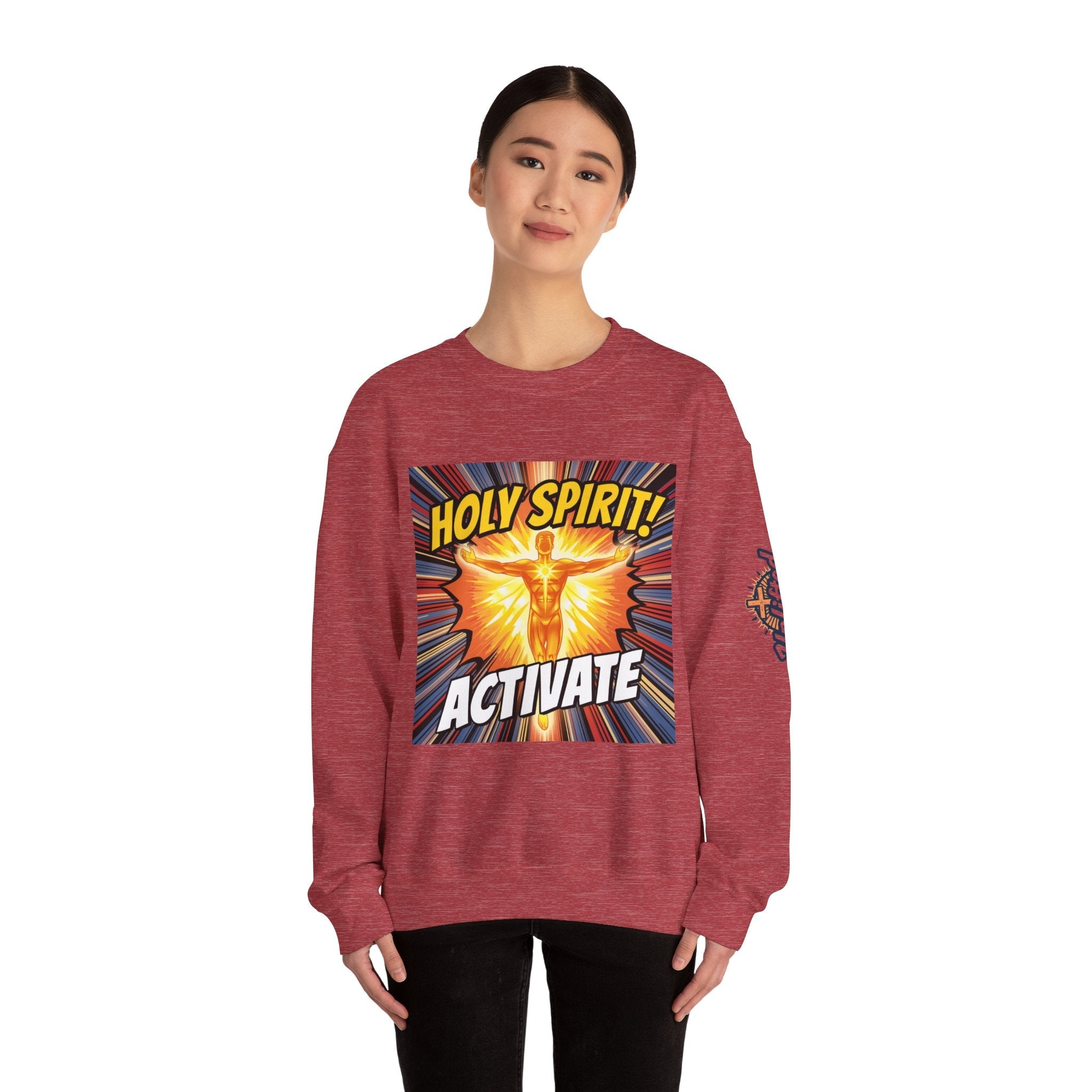 Holy Spirit Activate Sweatshirt – Superhero Christian Sweatshirt with Vibrant Power-Up Design for Faith-Fueled Boldness Printify
