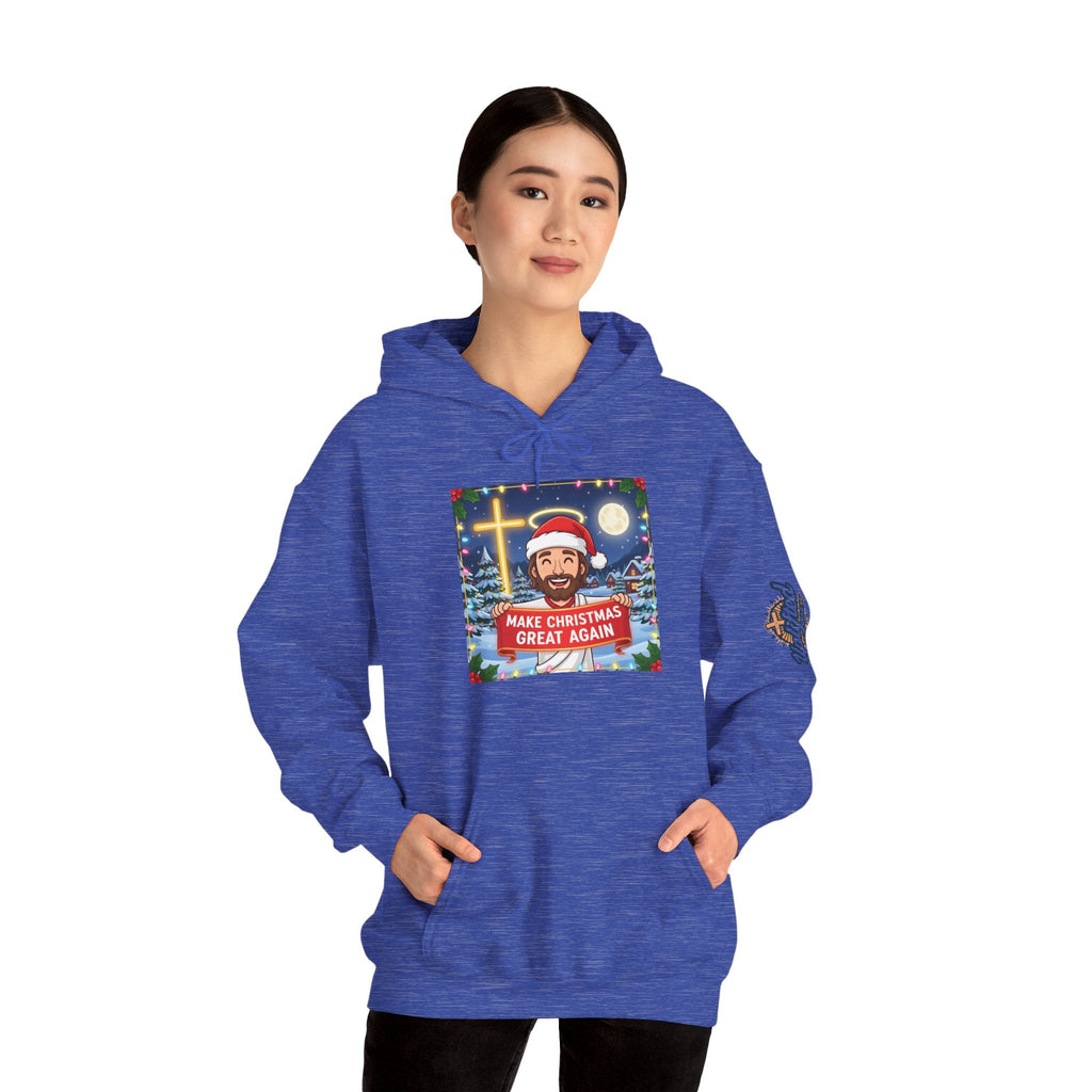 🎄 Make Christmas Great Again – Funny Christian Hoodie | Jesus Holding Banner | Faith-Based Holiday Parody Tee | Uplifted Gear Printify