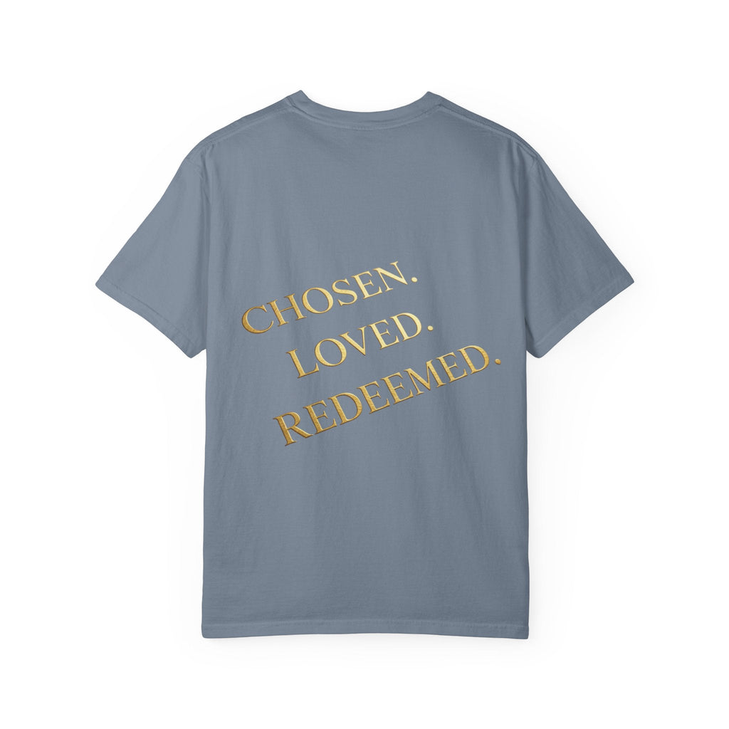 ✨ Chosen. Loved. Redeemed. – Elegant Christian T-Shirt | Gold Foil Faith Tee | Subtle Cross & Heart Design | Inspirational Bible Verse Apparel by Uplifted Gear Printify