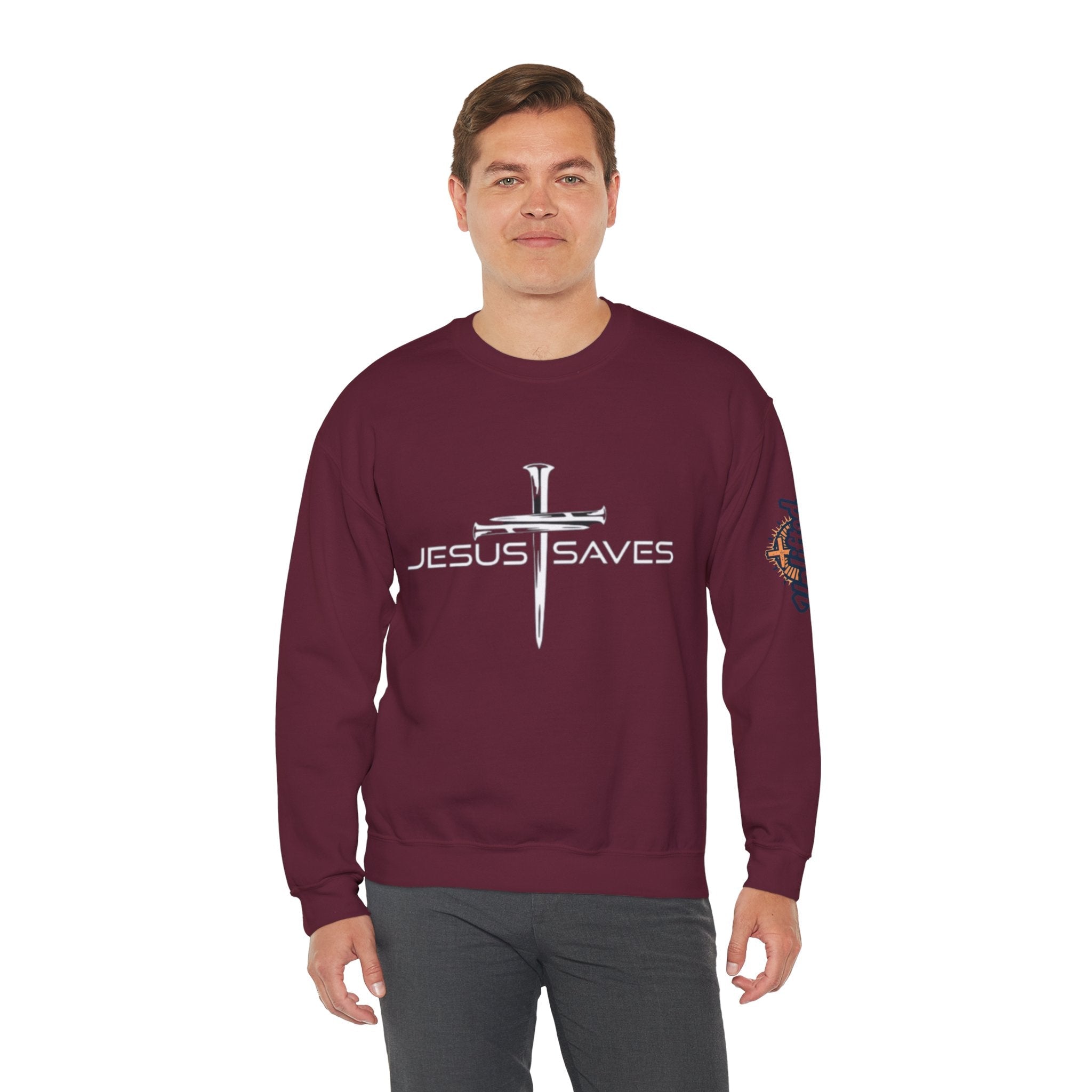 Jesus Saves Sweatshirt – 3 Nails Crucifix Cross Christian Sweatshirt for Redemption Faith & Bold Salvation Printify