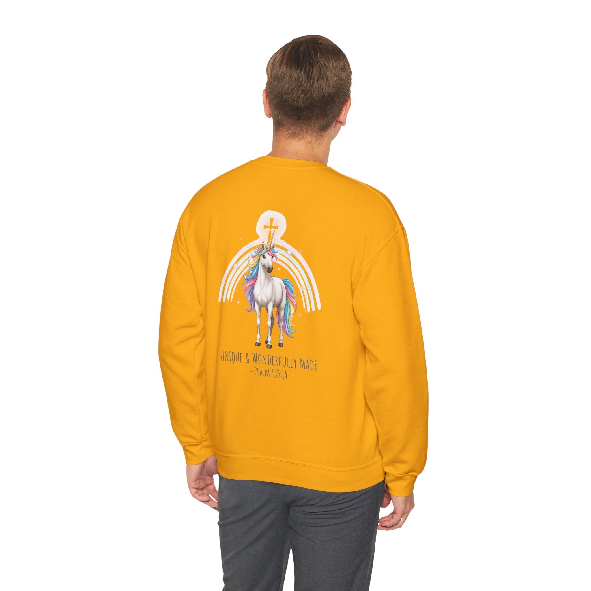 Unique Unicorn Sweatshirt – Rainbow Cross Psalm 139:14 Christian Sweatshirt for Wonderfully Made Printify