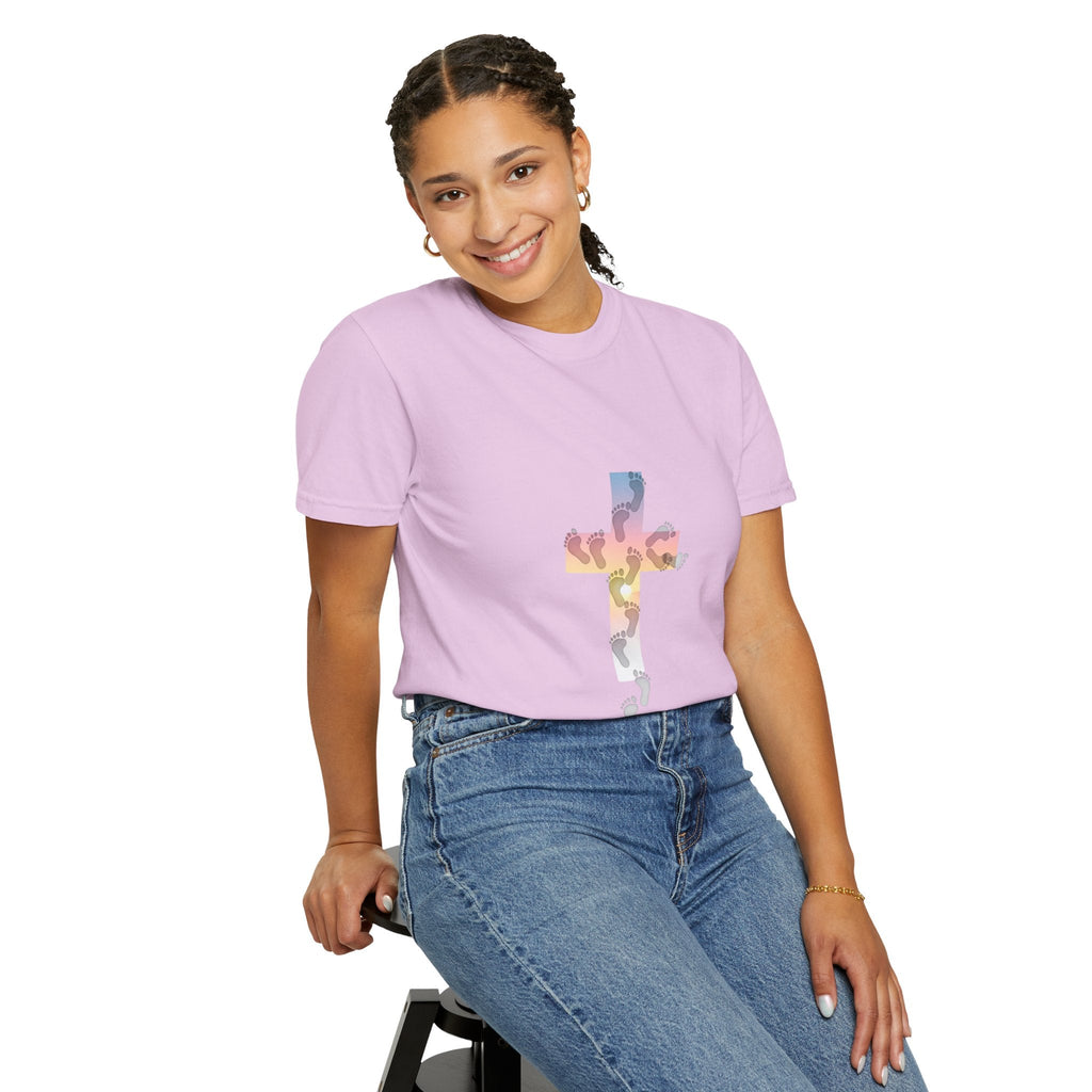 Walk by Faith T-Shirt – Cross & Footprints Christian Tee for Bold Believers Printify