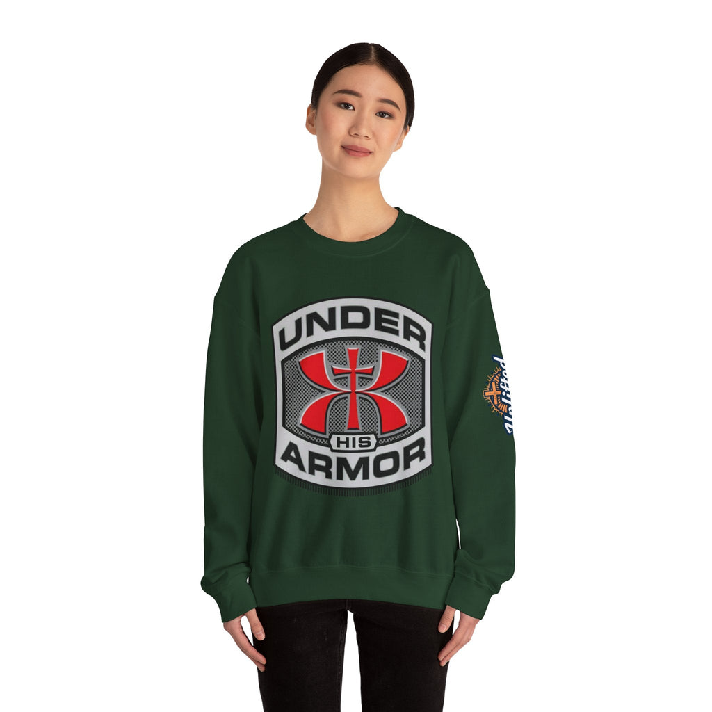 Under His Armor Crewneck Sweatshirt — Christian Faith Graphic Pullover Printify