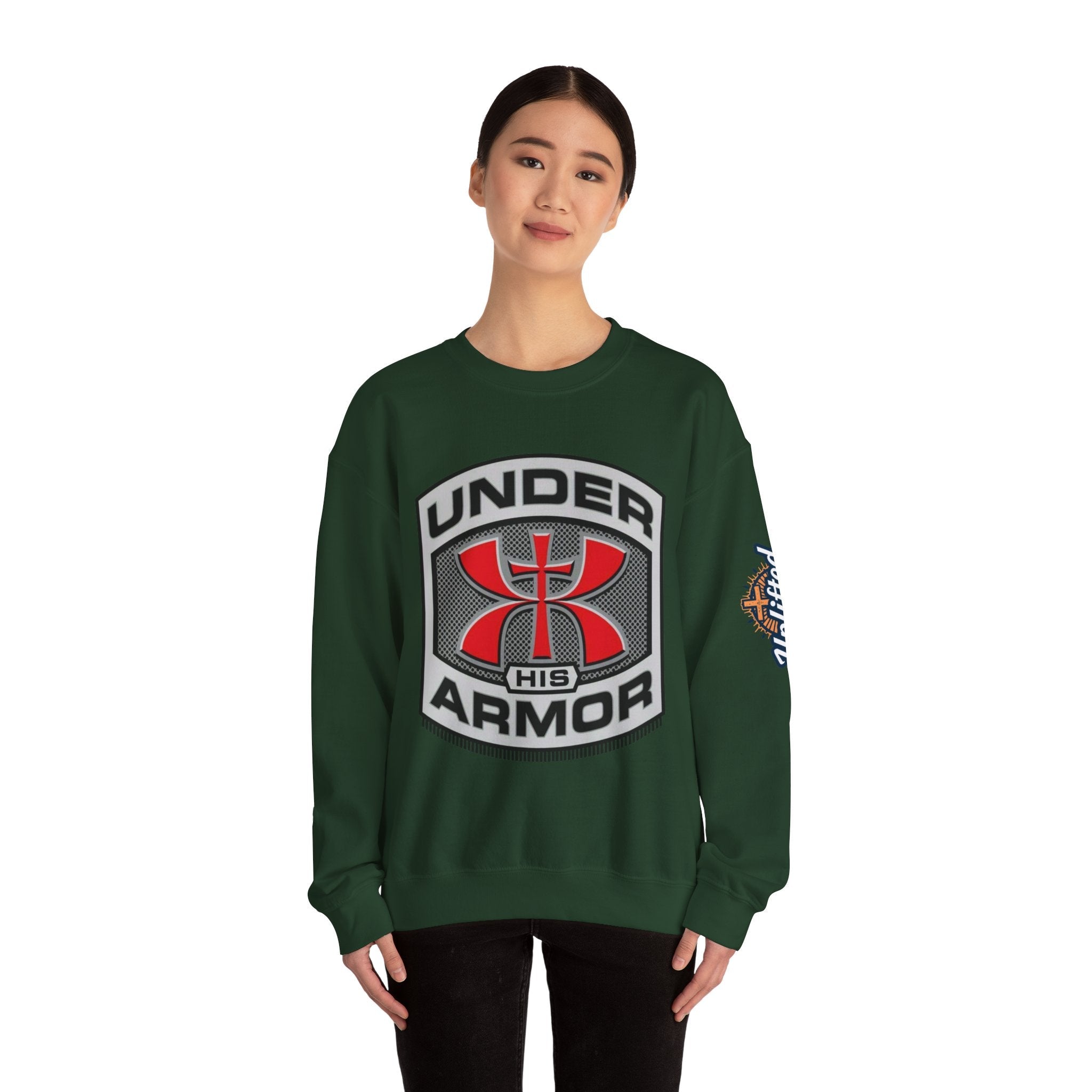 Under His Armor Crewneck Sweatshirt — Christian Faith Graphic Pullover Printify