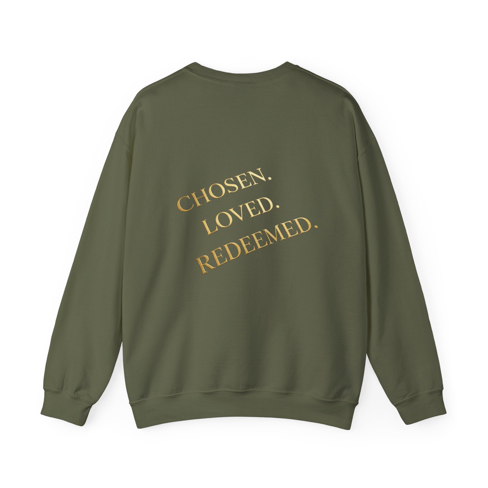 ✨ Chosen. Loved. Redeemed. – Elegant Christian Sweatshirt | Gold Foil Faith Tee | Subtle Cross & Heart Design | Inspirational Bible Verse Apparel by Uplifted Gear Printify