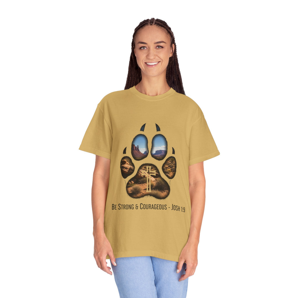 Strong and Courageous T-Shirt – Canine Pawprint Desert Joshua 1:9 Christian Tee Printify