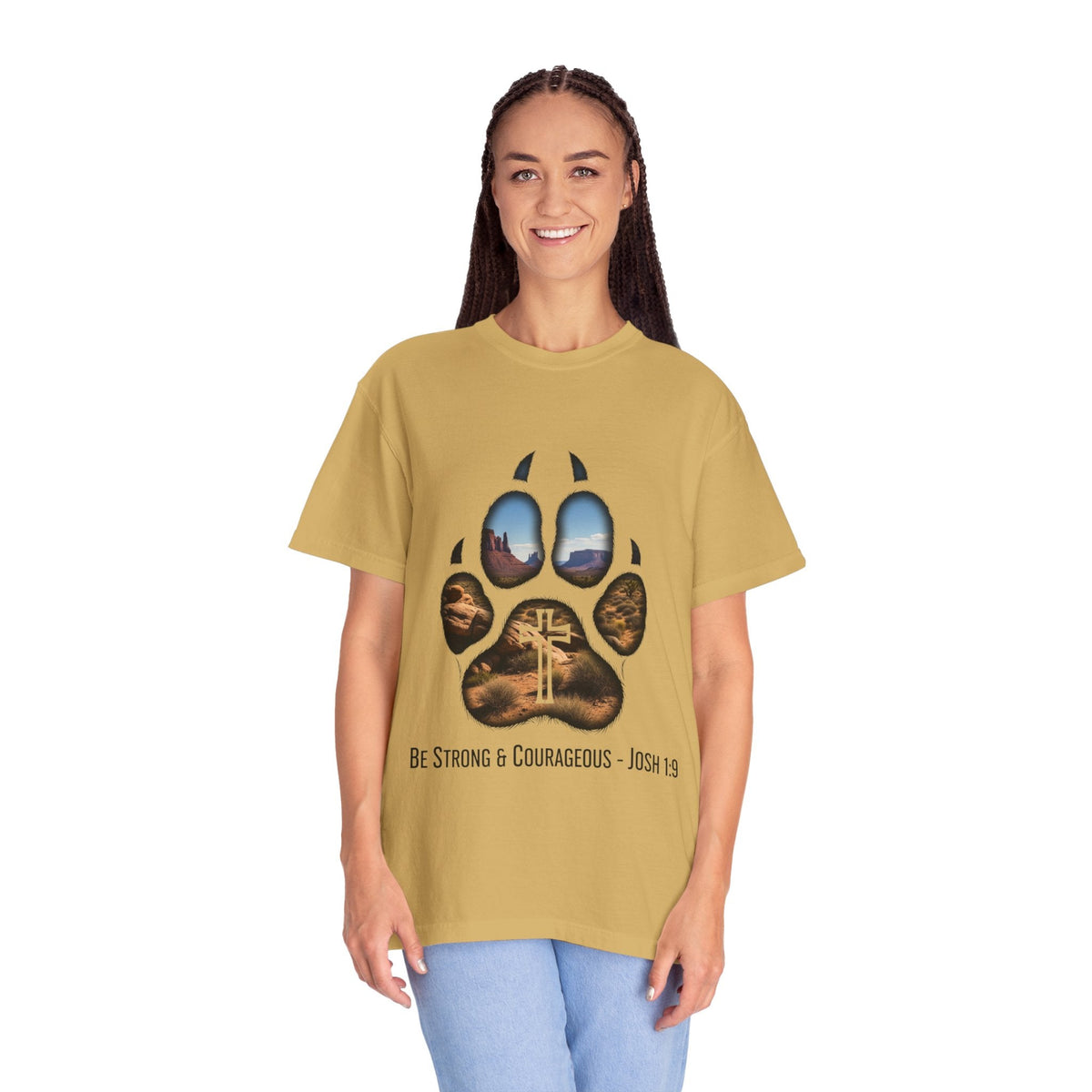 Strong and Courageous T-Shirt – Canine Pawprint Desert Joshua 1:9 Christian Tee Printify
