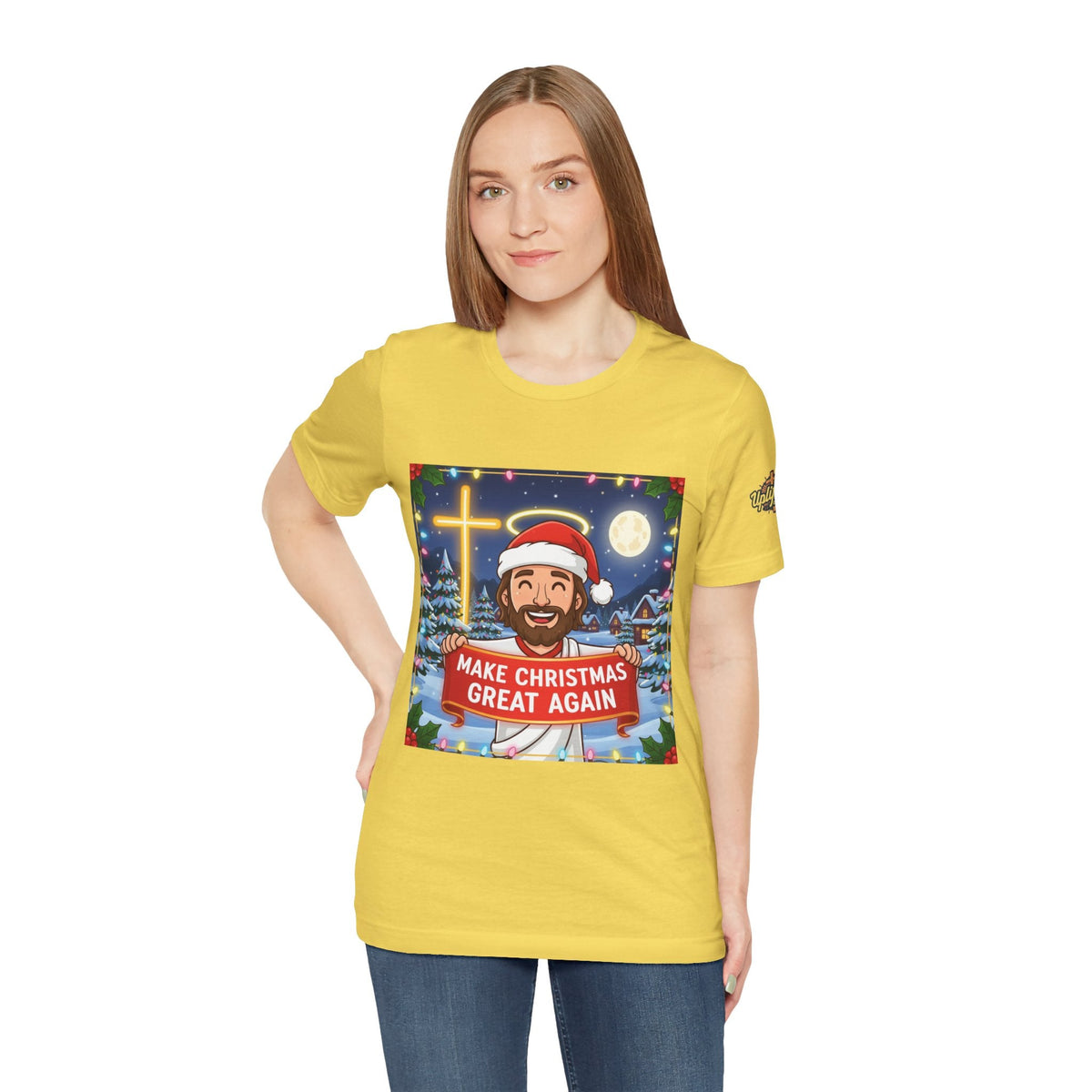 🎄 Make Christmas Great Again – Funny Christian T-Shirt | Jesus Holding Banner | Faith-Based Holiday Parody Tee | Uplifted Gear Printify