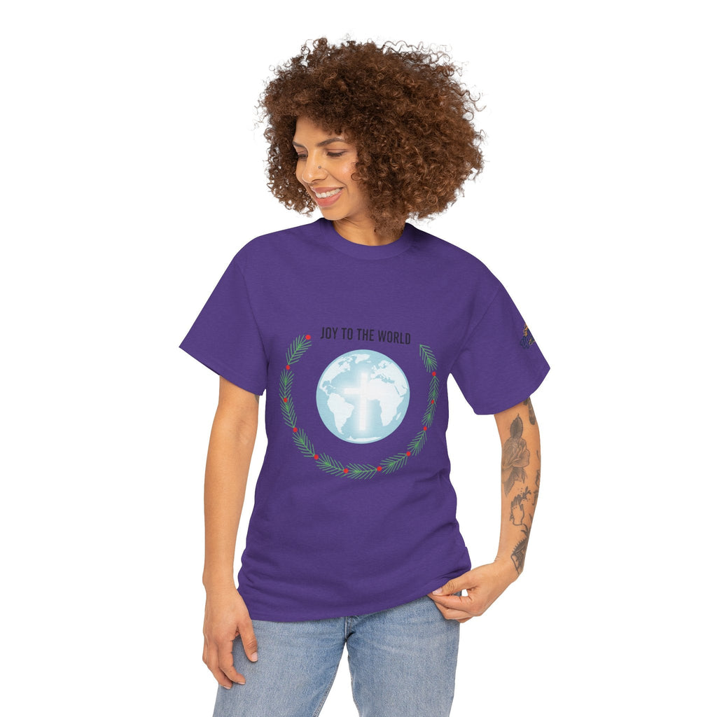 Joy to the World T-shirt – Wreath Earth Nativity Christian Christmas T-shirt for Isaiah 9:6 Holiday Faith & Festive Joy Printify
