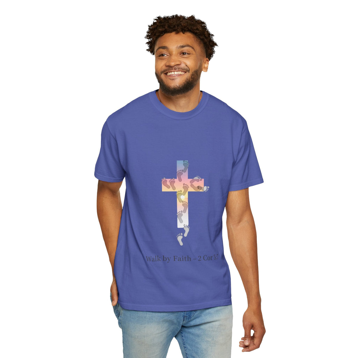 Walk by Faith T-Shirt – Cross & Footprints Christian Tee for Bold Believers Printify