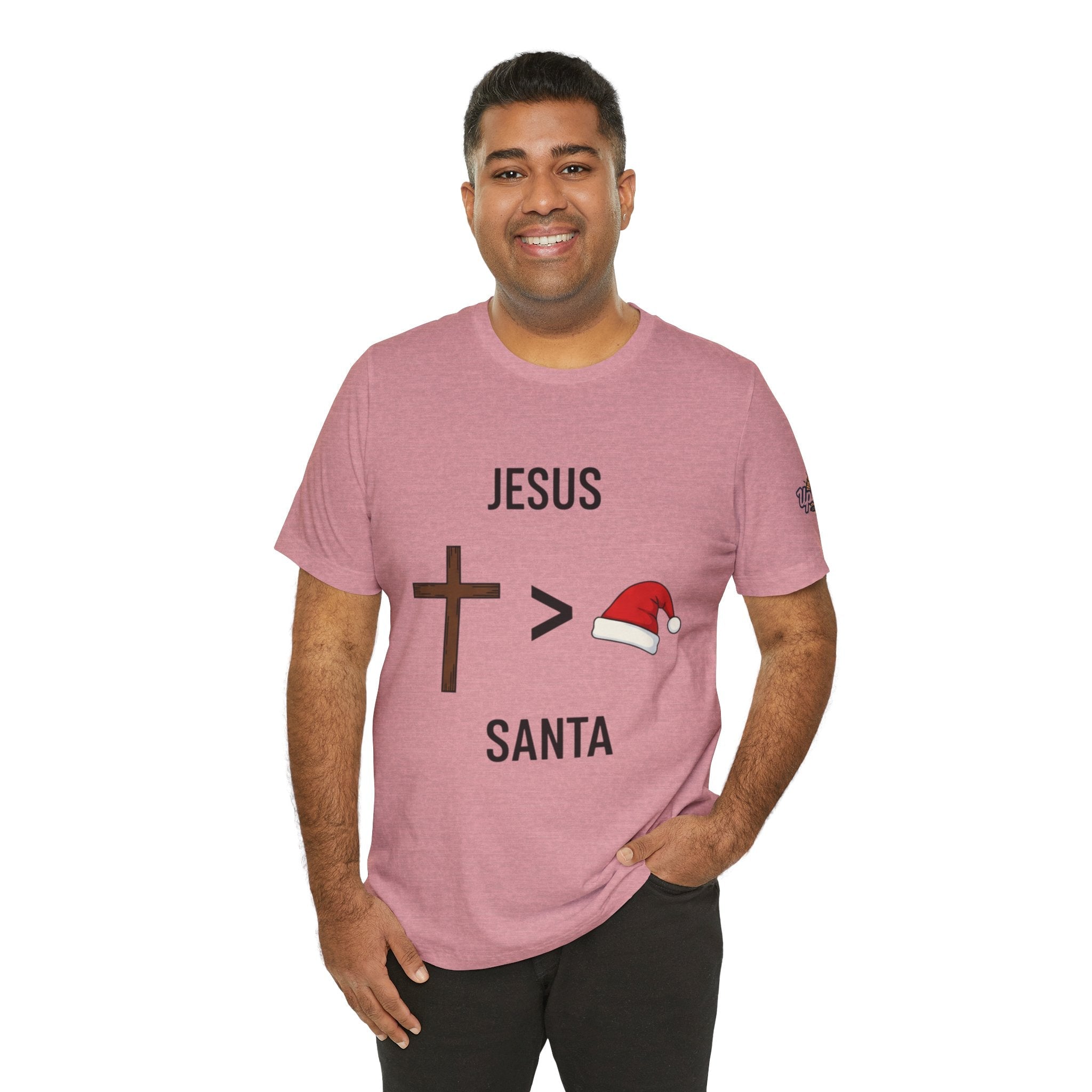 🎄 Jesus > Santa – Minimalist Christian Christmas T-Shirt | Bold Faith Over Holiday Tee | Cross vs Santa Hat Design | Uplifted Gear Printify