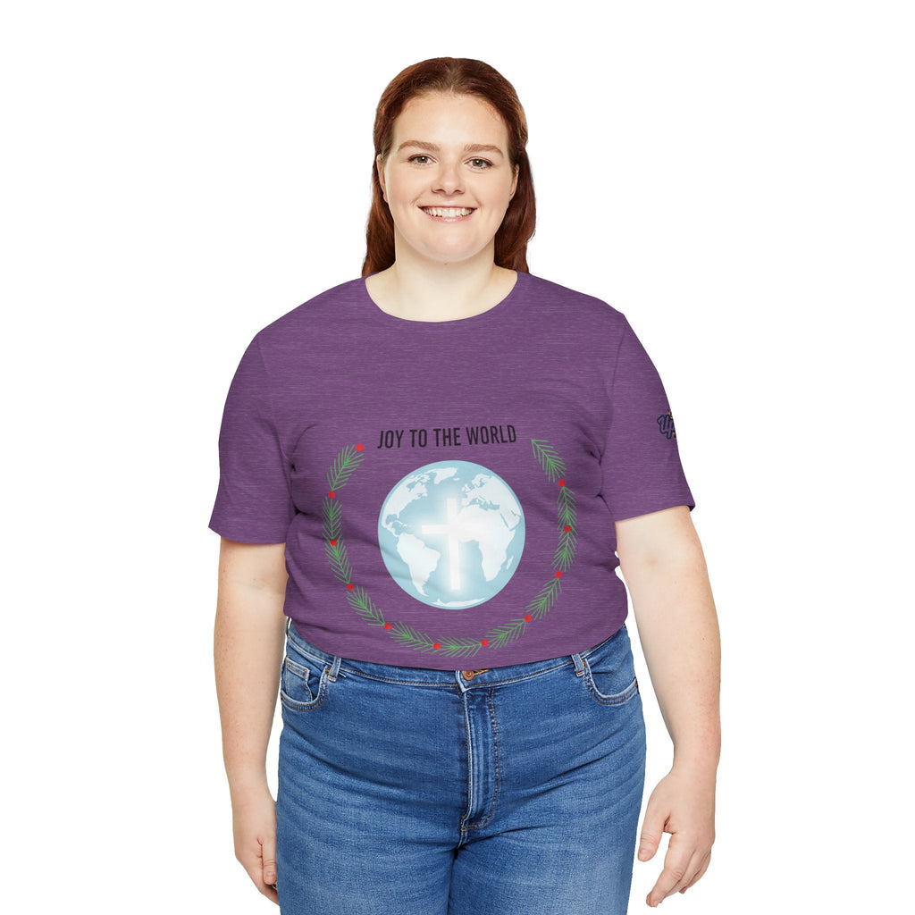 Joy to the World T-shirt – Wreath Earth Nativity Christian Christmas T-shirt for Isaiah 9:6 Holiday Faith & Festive Joy Printify