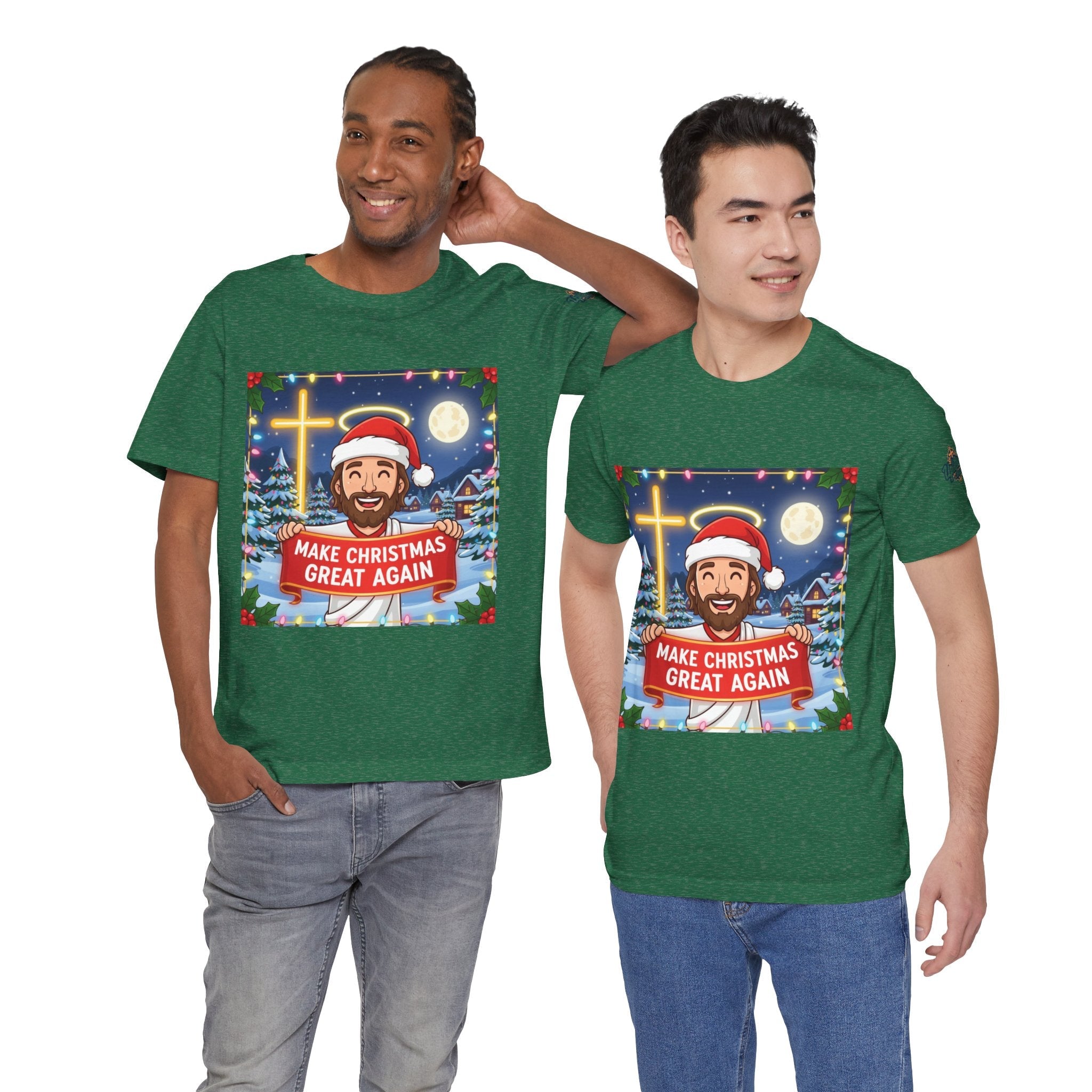 🎄 Make Christmas Great Again – Funny Christian T-Shirt | Jesus Holding Banner | Faith-Based Holiday Parody Tee | Uplifted Gear Printify
