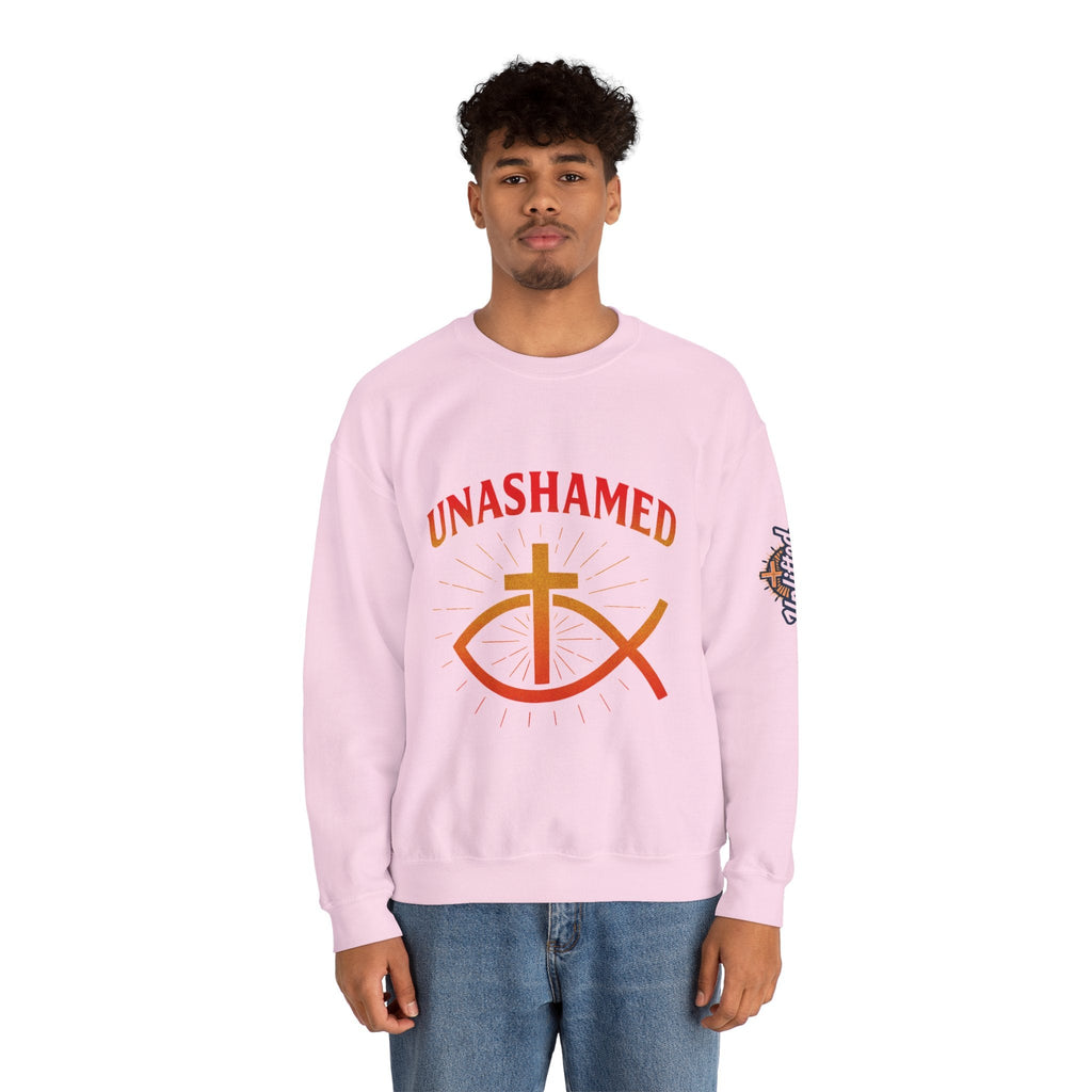 Unashamed Sweatshirt – Ichthys Jesus Fish & Cross Christian Sweatshirt for Romans 1:16 Bold Faith Printify