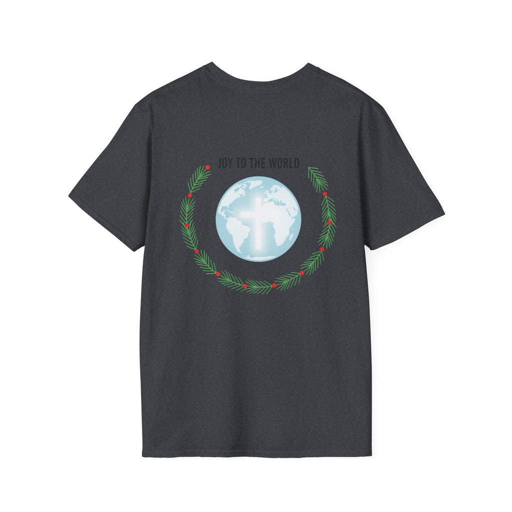 Joy to the World T-shirt – Wreath Earth Nativity Christian Christmas T-shirt for Isaiah 9:6 Holiday Faith & Festive Joy Printify