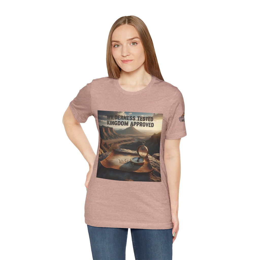 Wilderness Tested Kingdom Approved T-shirt – Mountain Desert Compass Crown Christian T-shirt for Biblical Adventure Faith Printify