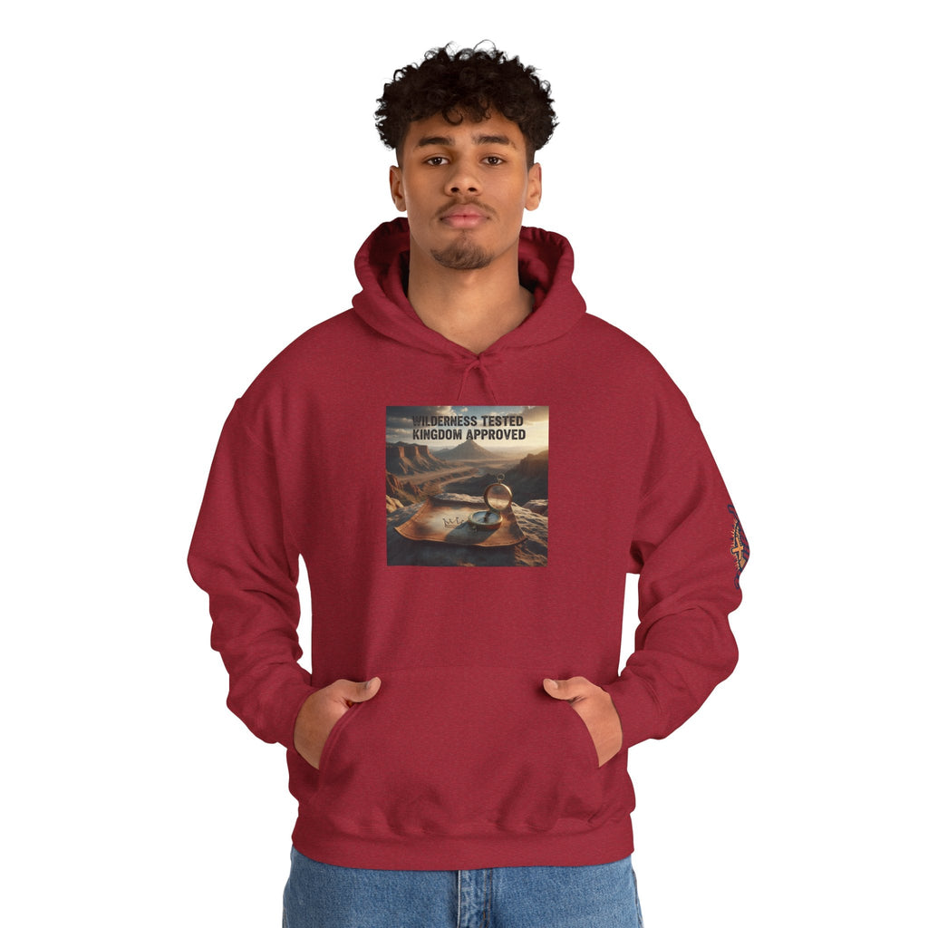 Wilderness Tested Kingdom Approved Hoodie – Mountain Desert Compass Crown Christian Sweatshirt for Biblical Adventure Faith Printify
