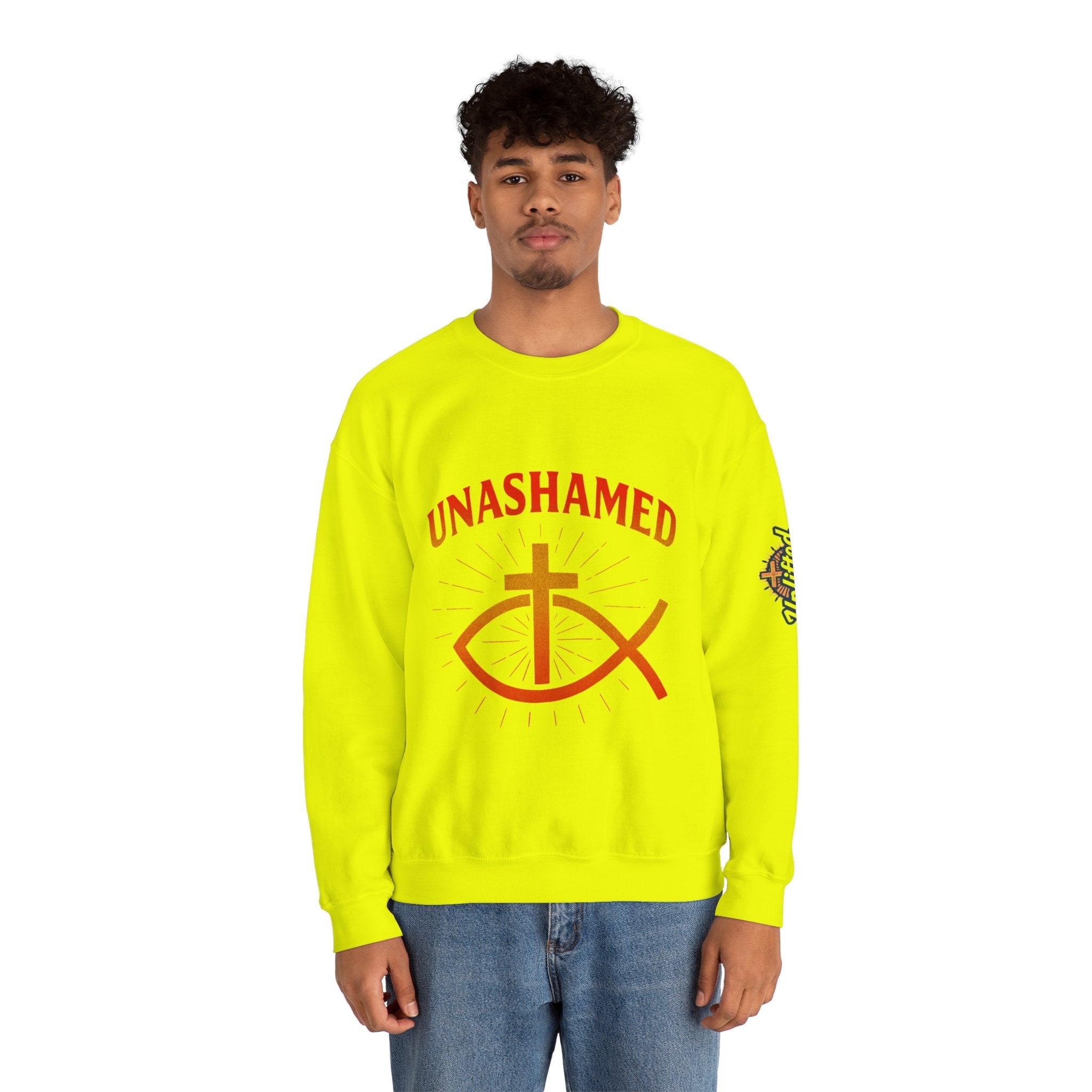 Unashamed Sweatshirt – Ichthys Jesus Fish & Cross Christian Sweatshirt for Romans 1:16 Bold Faith Printify