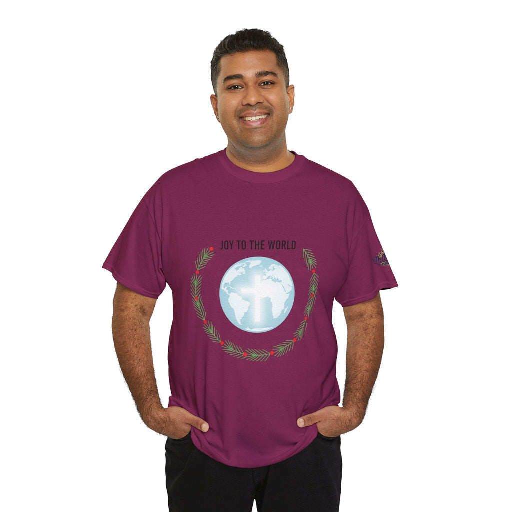 Joy to the World T-shirt – Wreath Earth Nativity Christian Christmas T-shirt for Isaiah 9:6 Holiday Faith & Festive Joy Printify