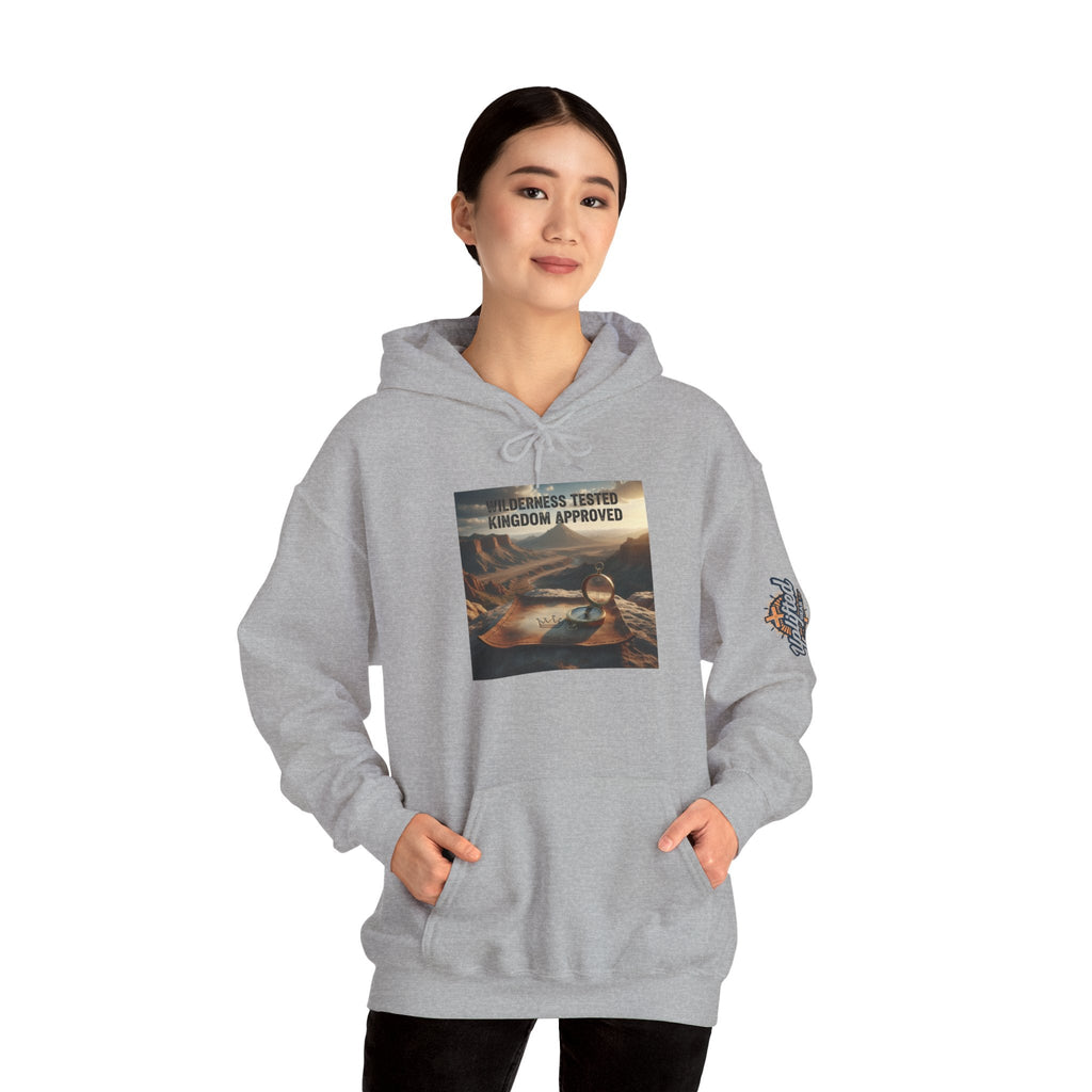 Wilderness Tested Kingdom Approved Hoodie – Mountain Desert Compass Crown Christian Sweatshirt for Biblical Adventure Faith Printify