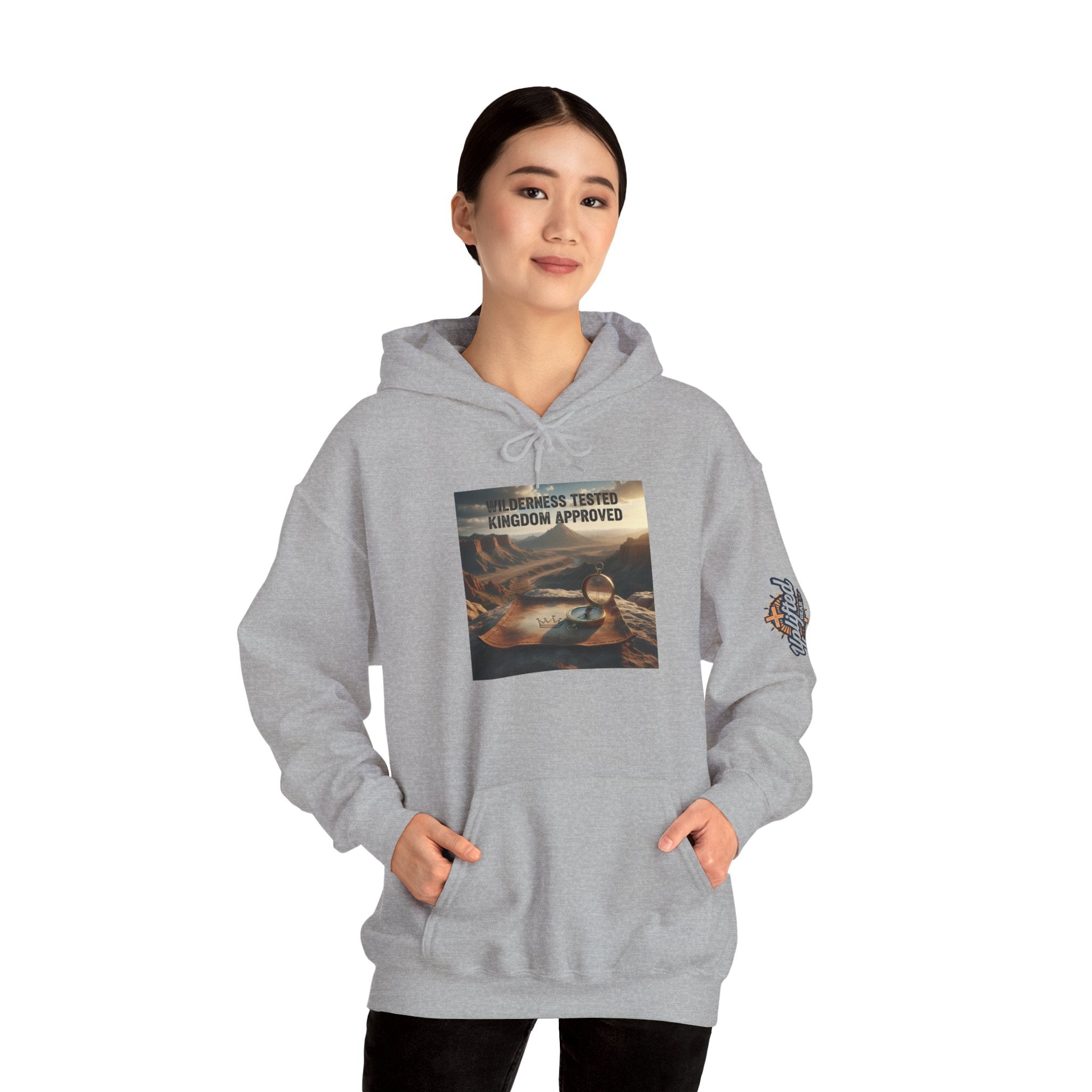 Wilderness Tested Kingdom Approved Hoodie – Mountain Desert Compass Crown Christian Sweatshirt for Biblical Adventure Faith Printify